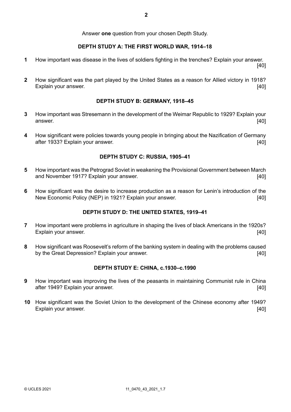 Cambridge IGCSE History 0470 2021 Oct/Nov Paper 4 · Variant 3 question paper, page 2 of 4
