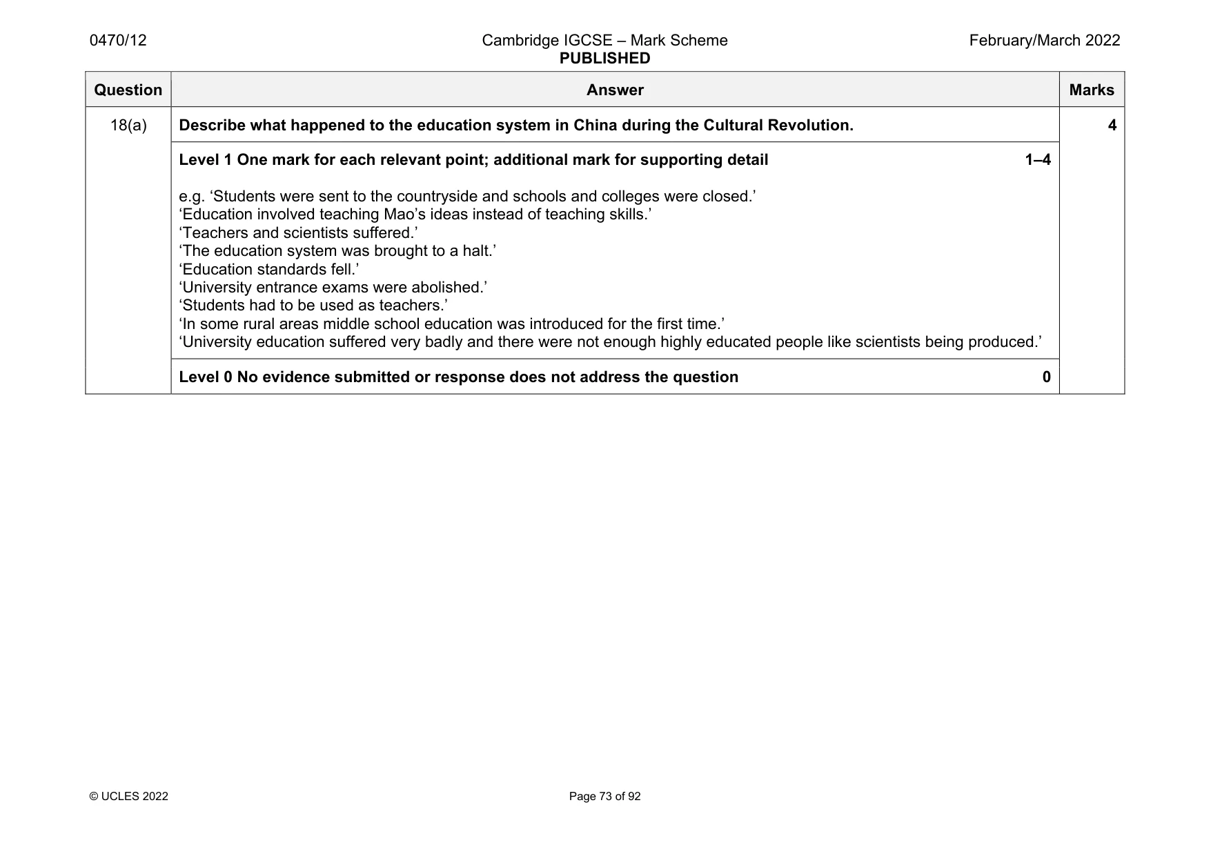 Mark scheme, page 73 of 92