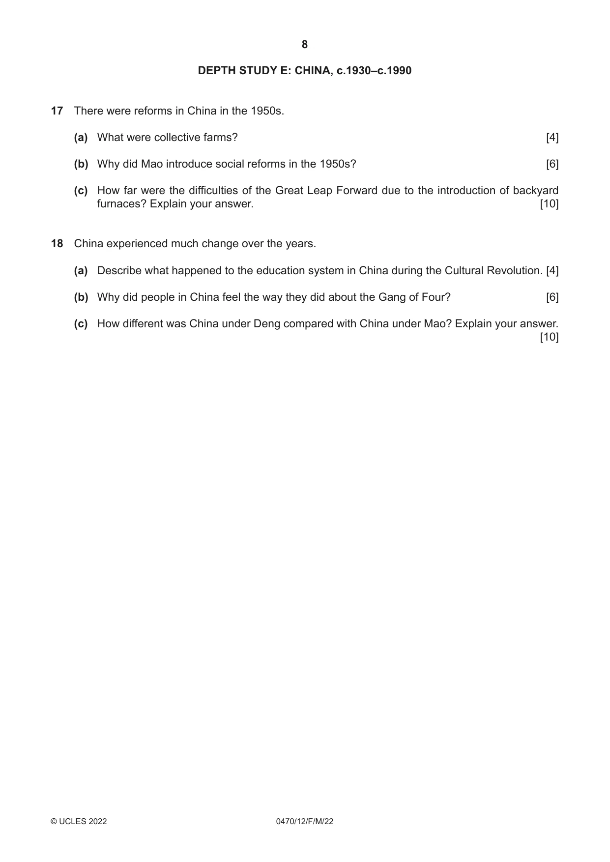 Cambridge IGCSE History 0470 2022 Feb/March Paper 1 · Variant 2 question paper, page 8 of 12