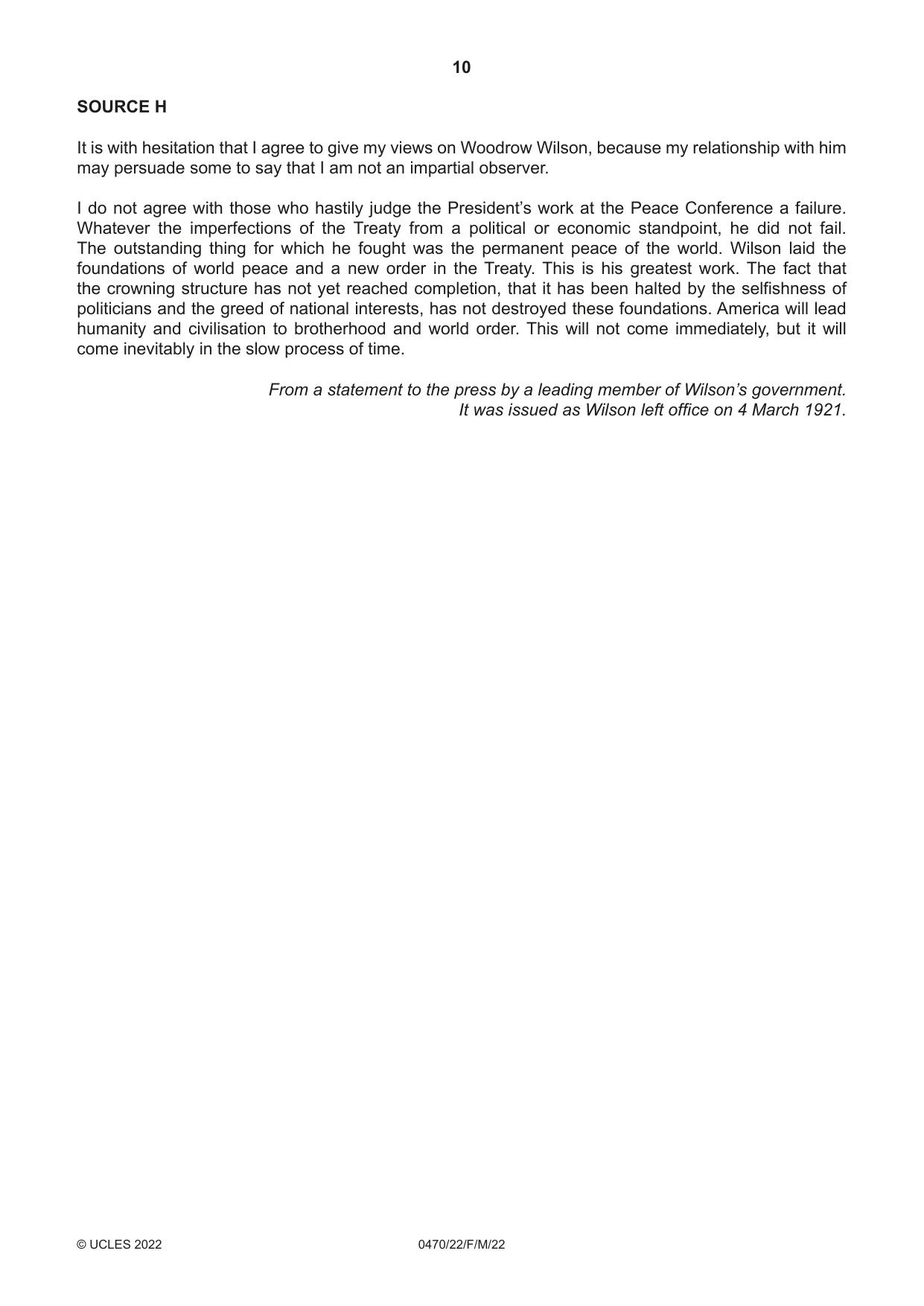 Cambridge IGCSE History 0470 2022 Feb/March Paper 2 · Variant 2 question paper, page 10 of 12