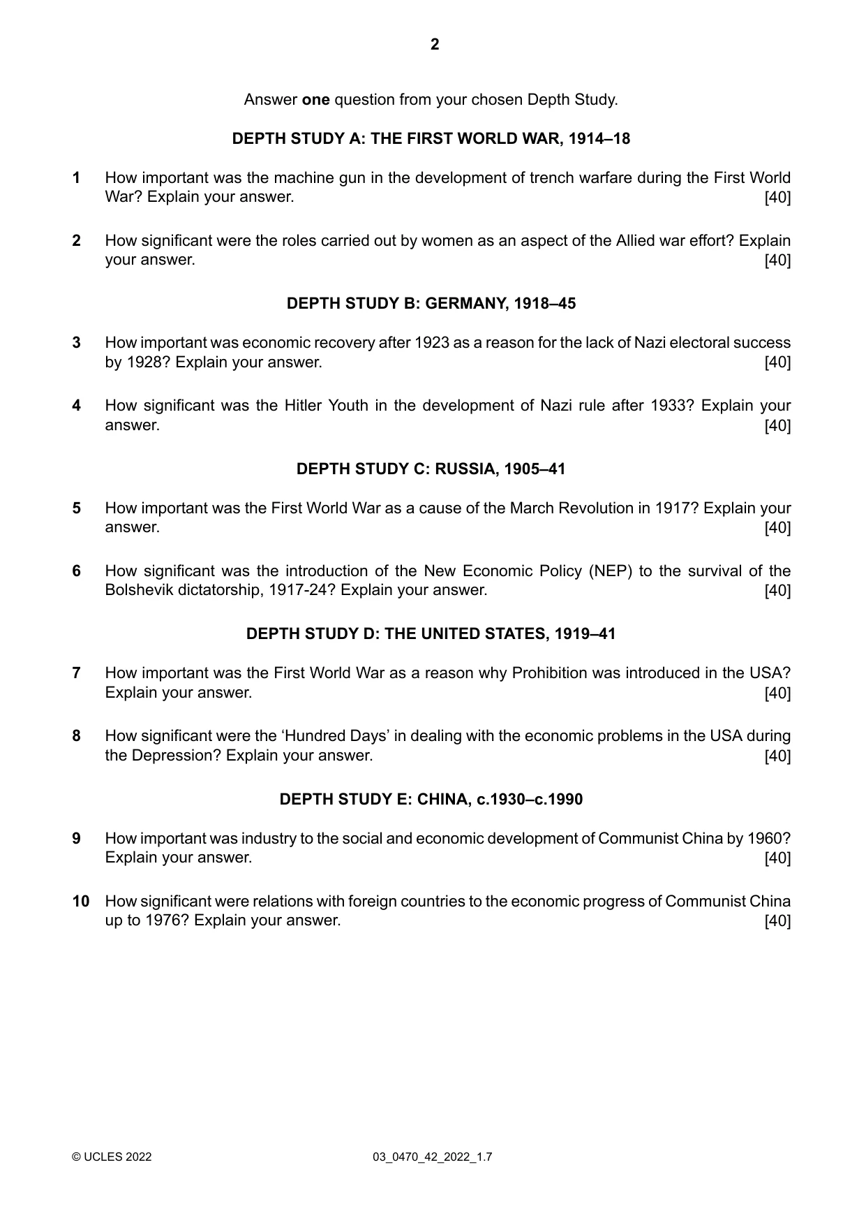 Cambridge IGCSE History 0470 2022 Feb/March Paper 4 · Variant 2 question paper, page 2 of 4
