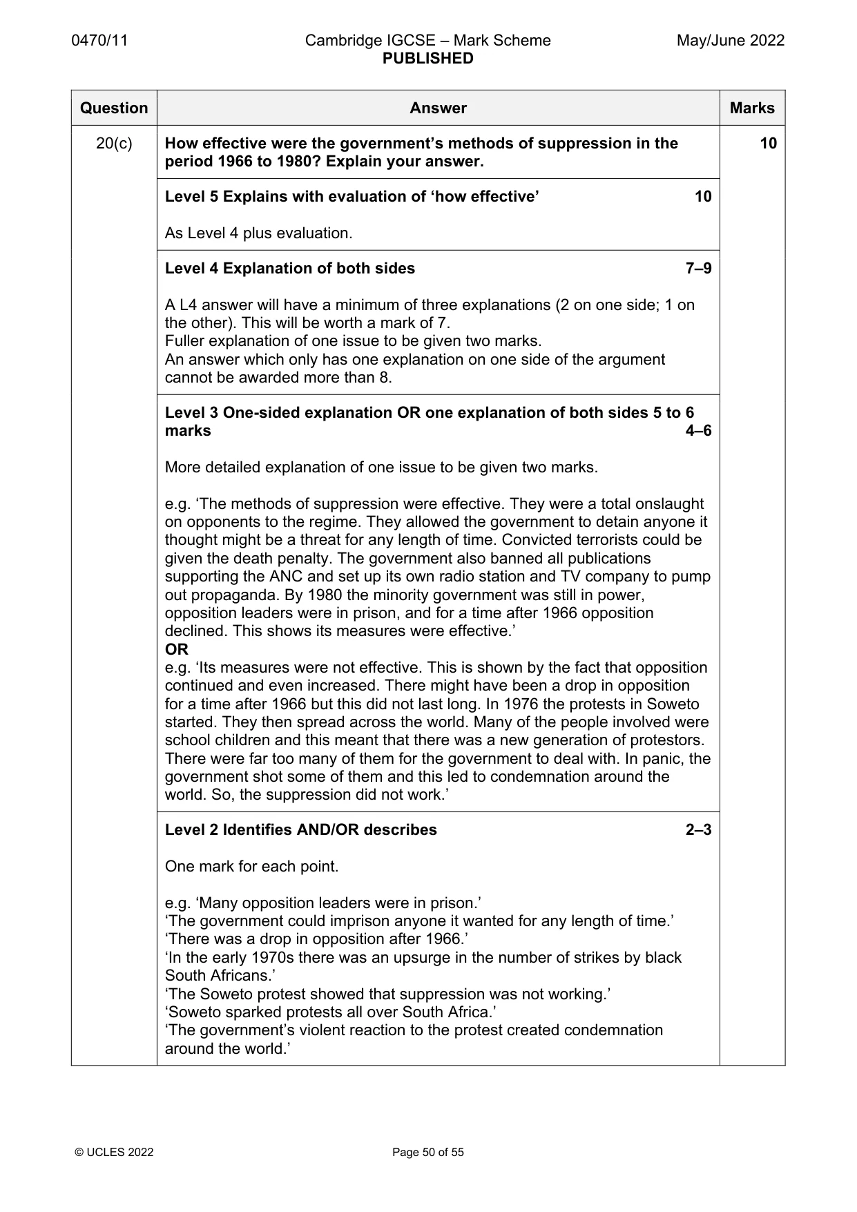 Mark scheme, page 50 of 55