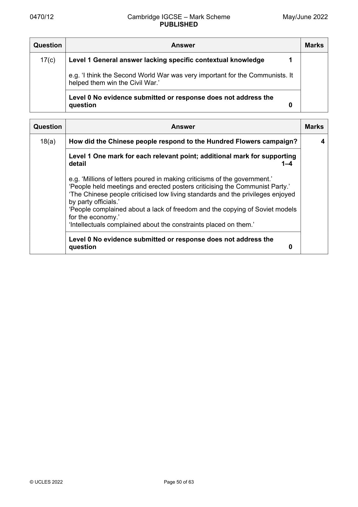 Mark scheme, page 50 of 63