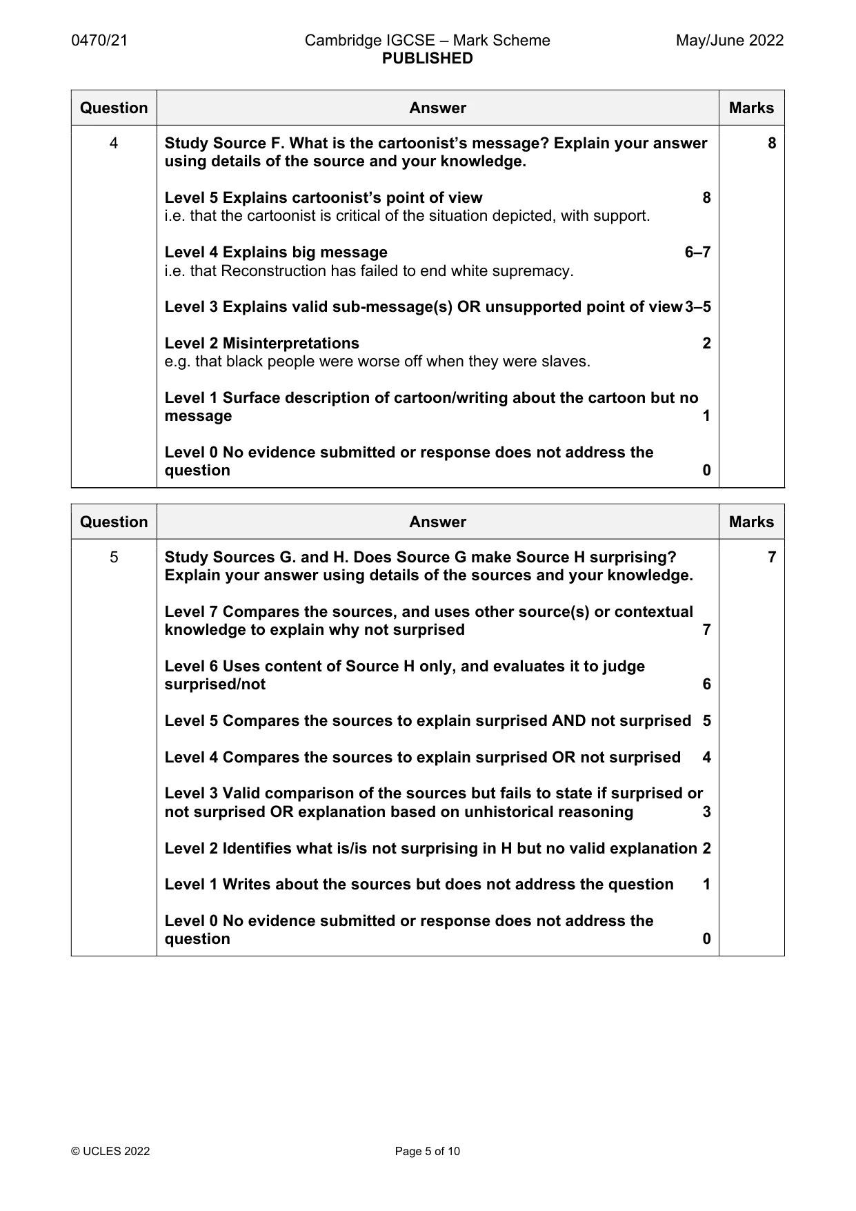 Mark scheme, page 5 of 10