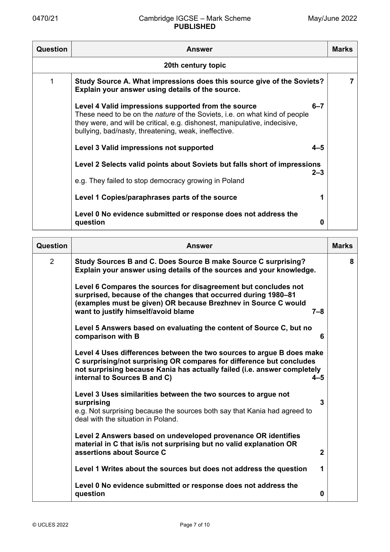 Mark scheme, page 7 of 10
