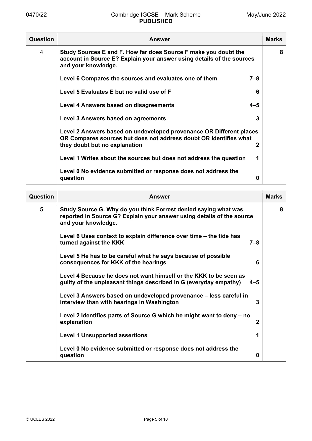 Mark scheme, page 5 of 10