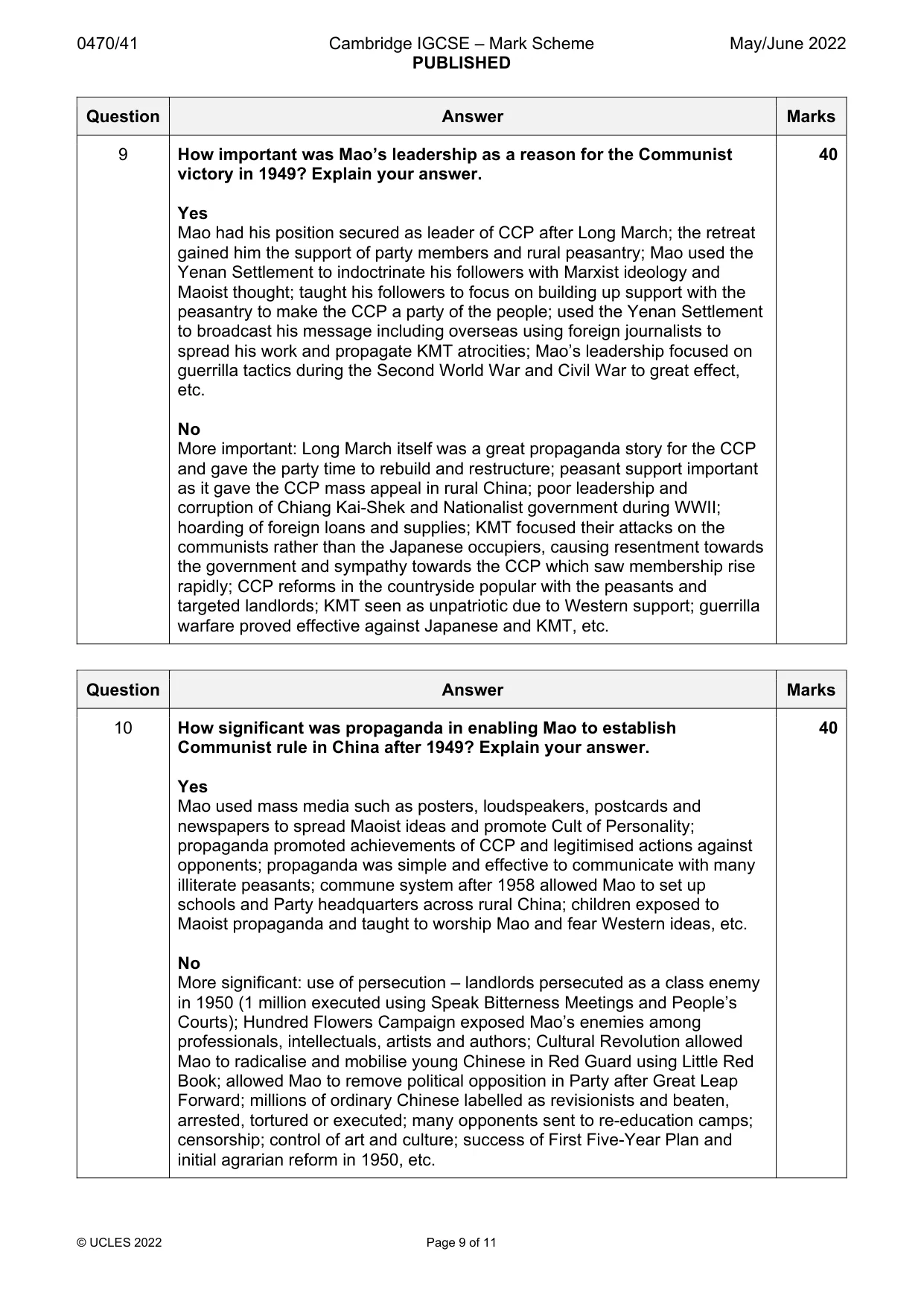 Mark scheme, page 9 of 11