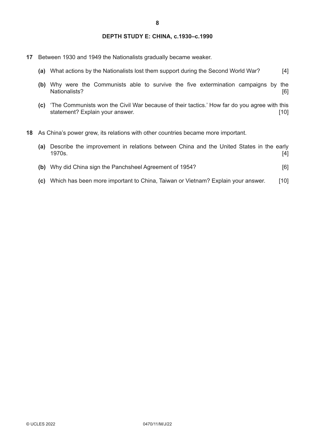 Cambridge IGCSE History 0470 2022 May/June Paper 1 · Variant 1 question paper, page 8 of 12