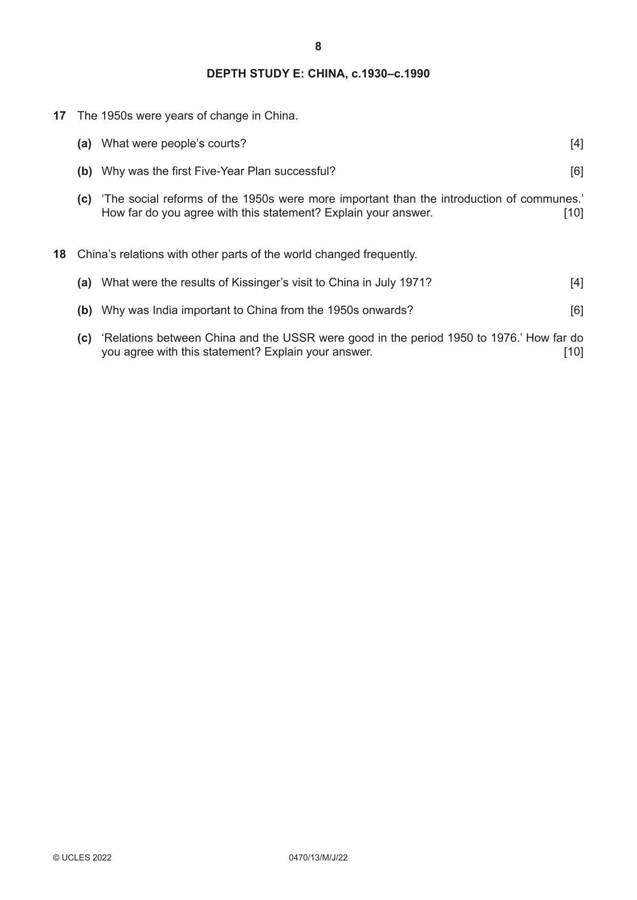 Cambridge IGCSE History 0470 2022 May/June Paper 1 · Variant 3 question paper, page 8 of 12