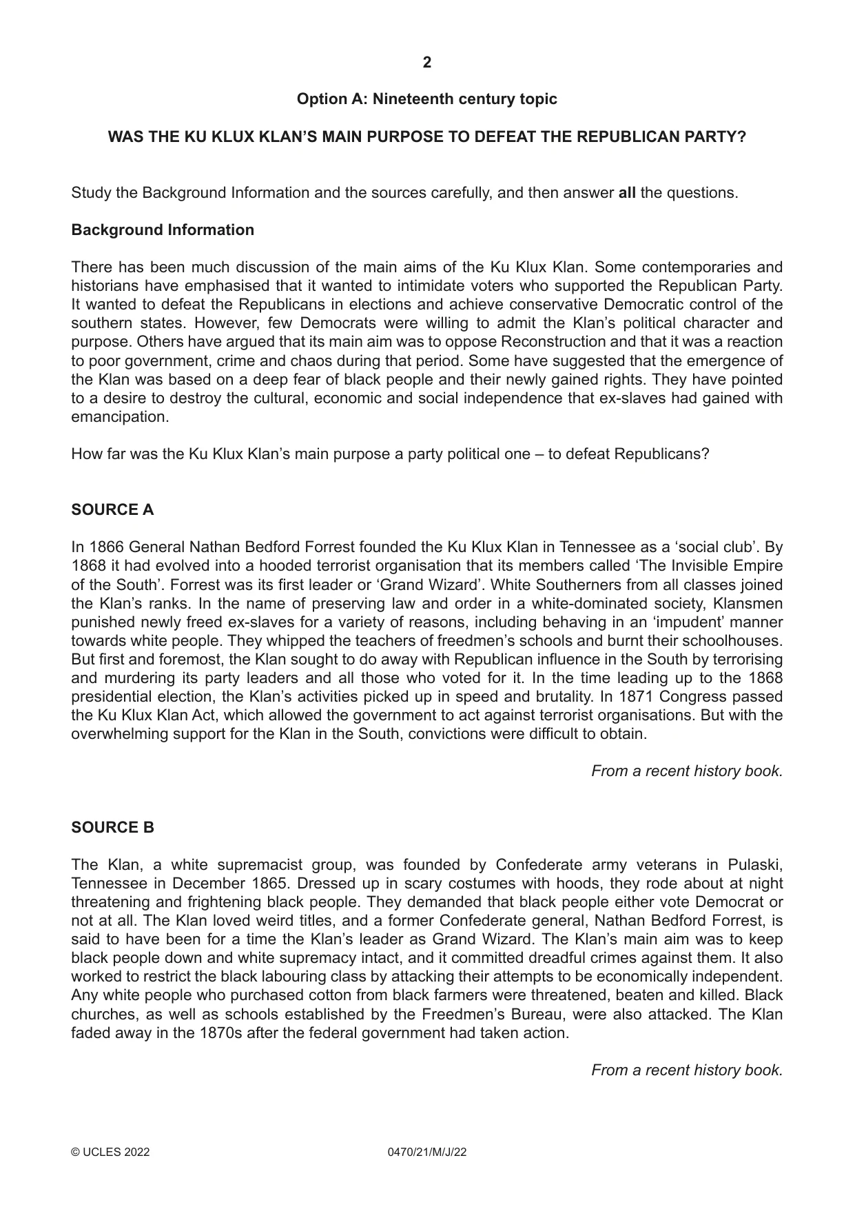 Cambridge IGCSE History 0470 2022 May/June Paper 2 · Variant 1 question paper, page 2 of 12