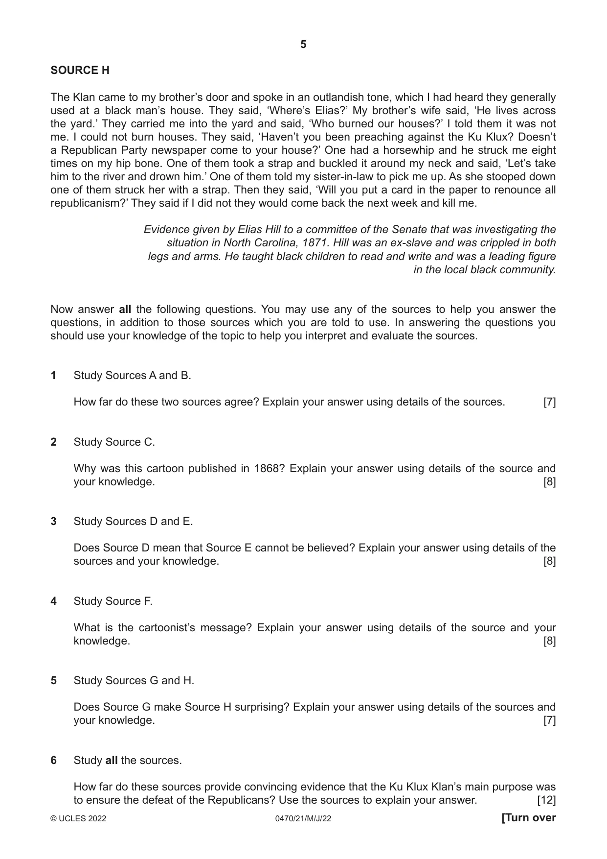 Cambridge IGCSE History 0470 2022 May/June Paper 2 · Variant 1 question paper, page 5 of 12