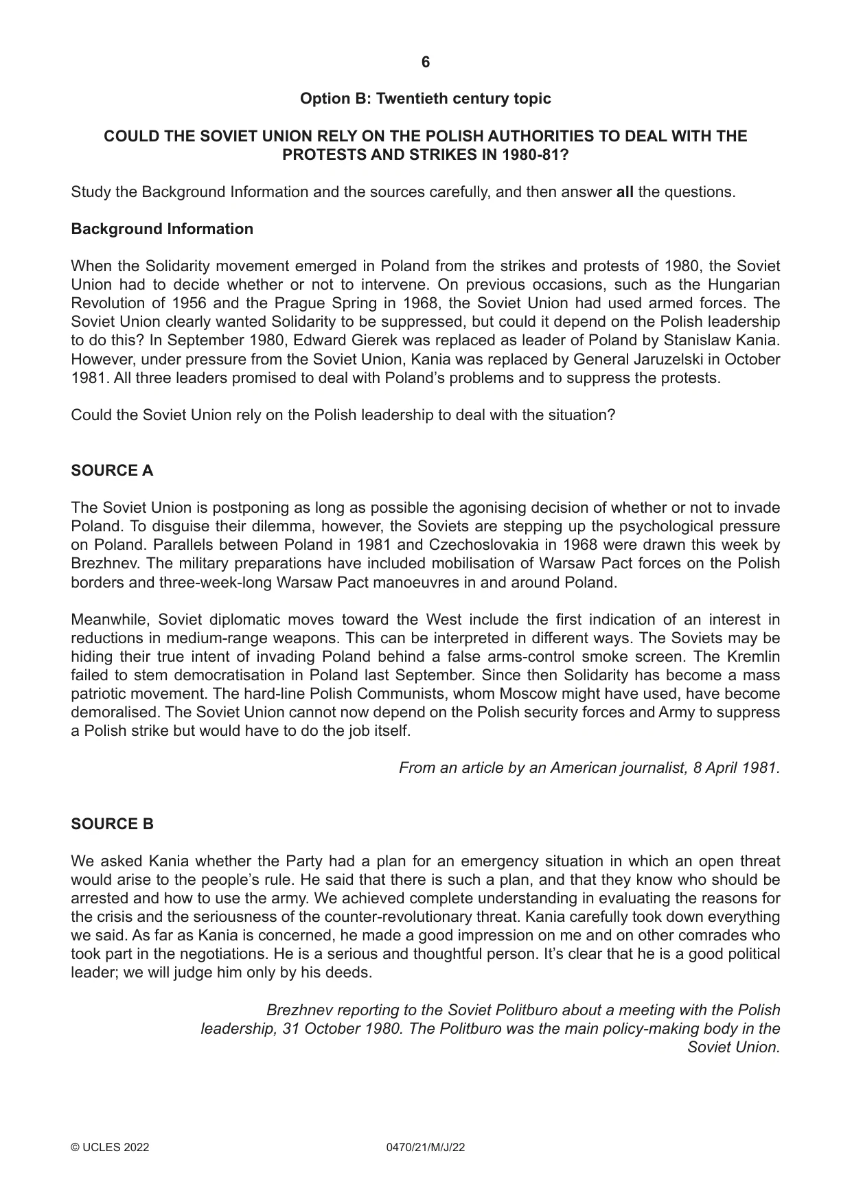 Cambridge IGCSE History 0470 2022 May/June Paper 2 · Variant 1 question paper, page 6 of 12