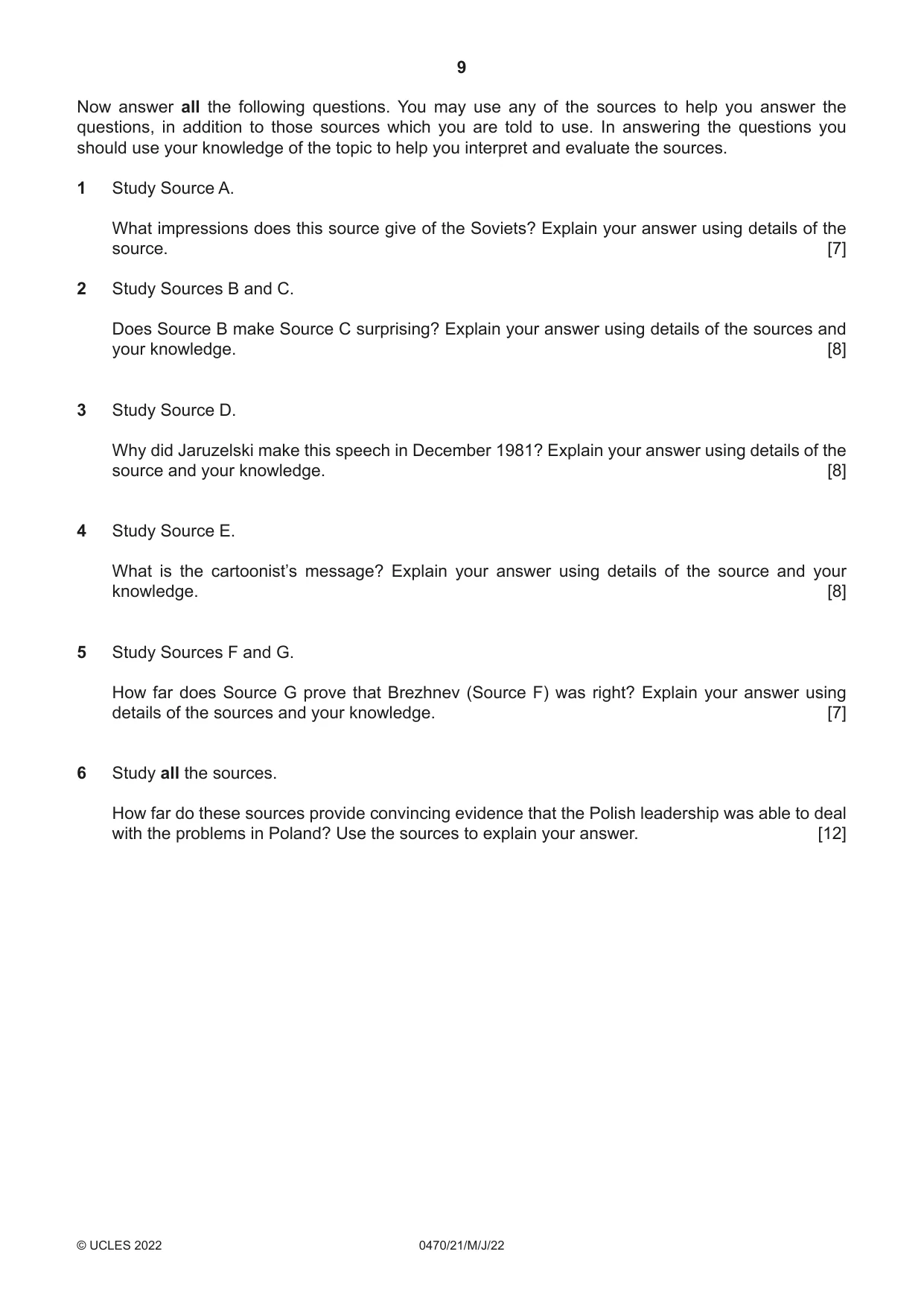 Cambridge IGCSE History 0470 2022 May/June Paper 2 · Variant 1 question paper, page 9 of 12