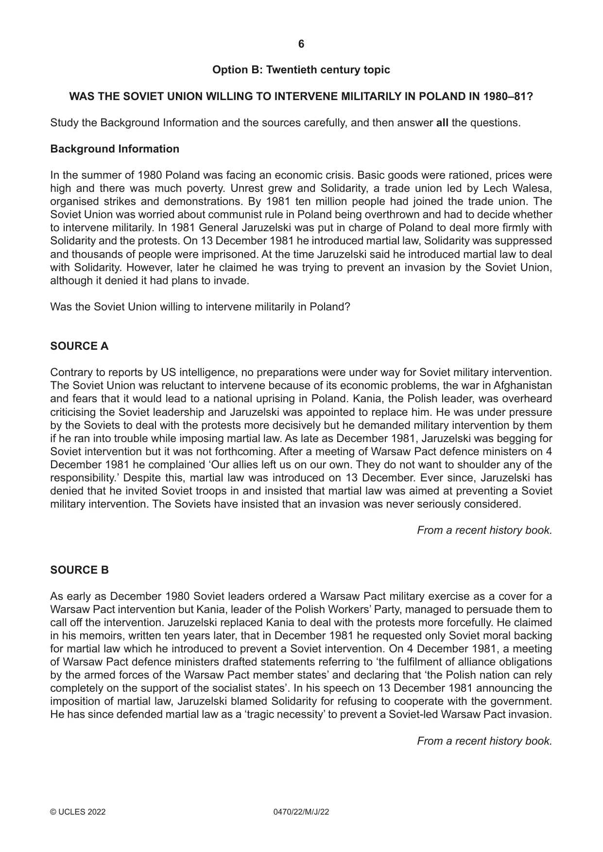 Cambridge IGCSE History 0470 2022 May/June Paper 2 · Variant 2 question paper, page 6 of 12
