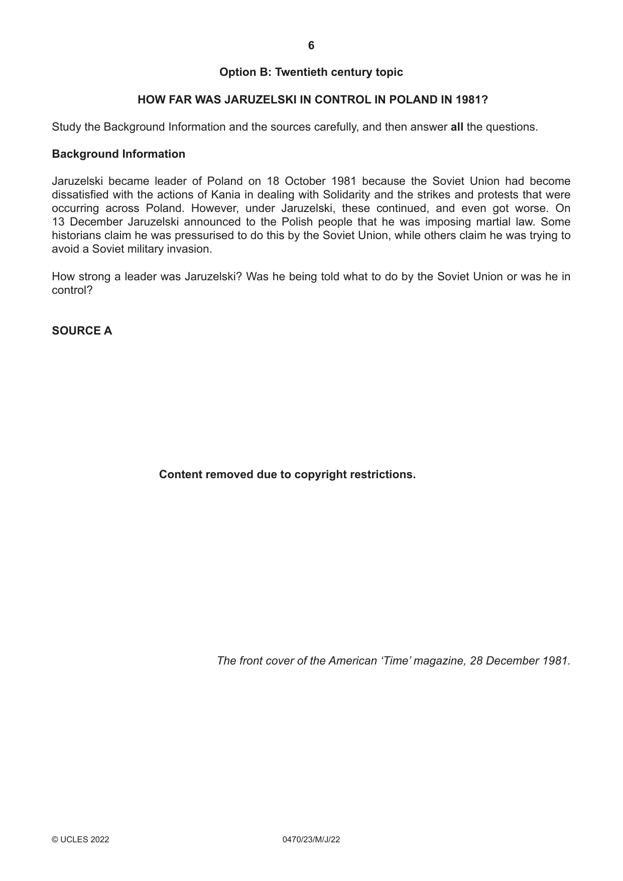 Cambridge IGCSE History 0470 2022 May/June Paper 2 · Variant 3 question paper, page 6 of 12