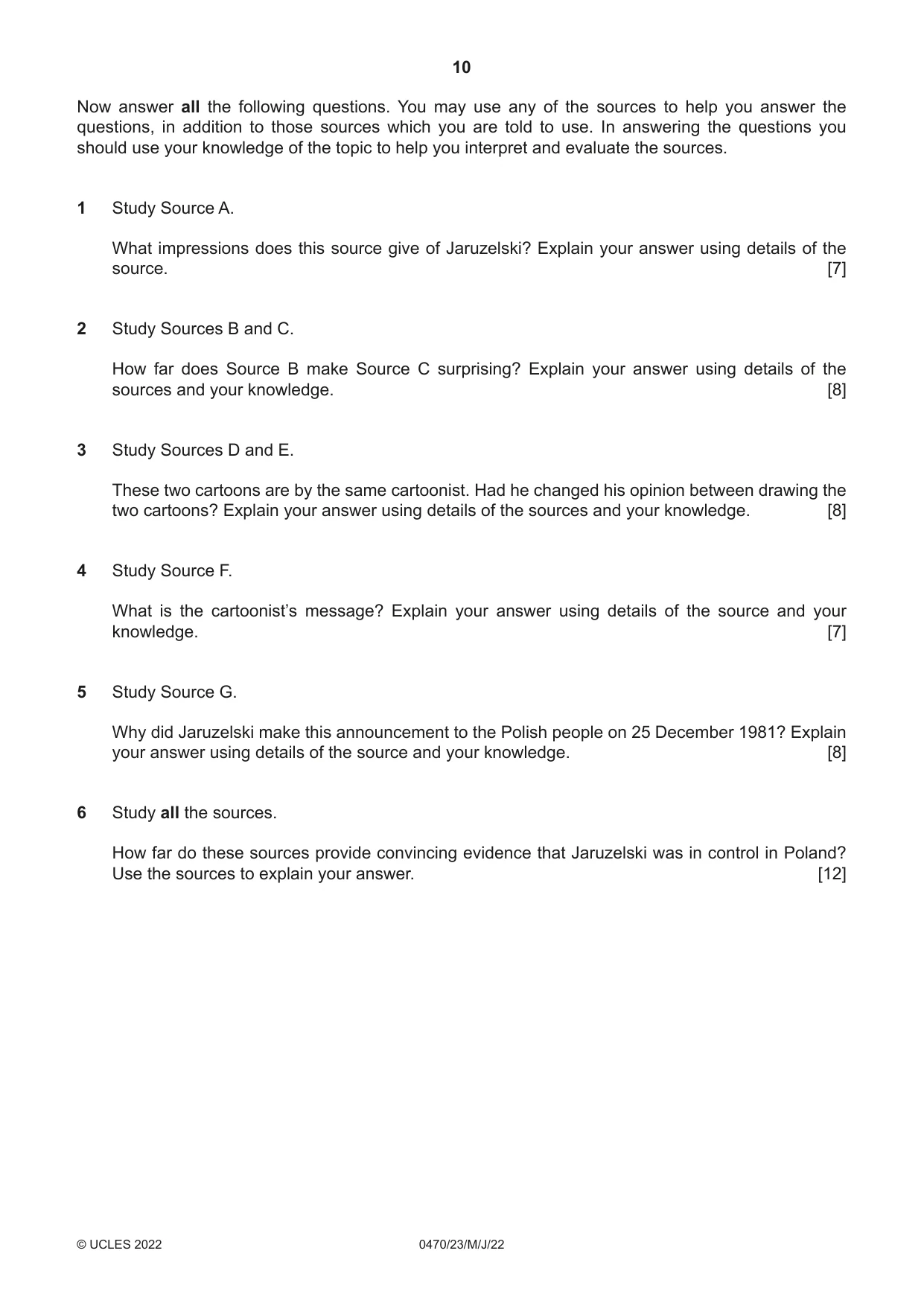 Cambridge IGCSE History 0470 2022 May/June Paper 2 · Variant 3 question paper, page 10 of 12