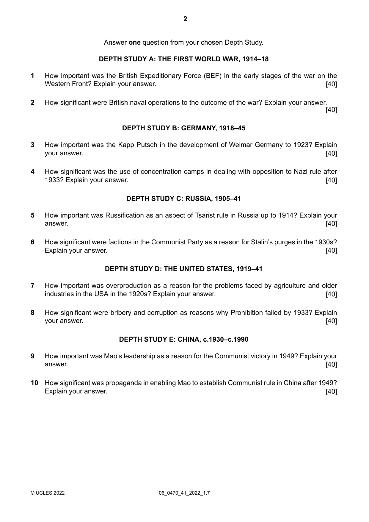 Cambridge IGCSE History 0470 2022 May/June Paper 4 · Variant 1 question paper, page 2 of 4