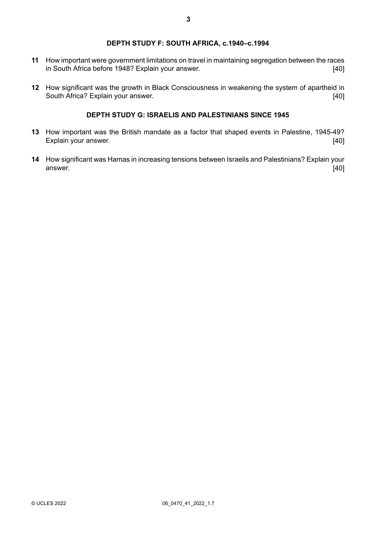 Cambridge IGCSE History 0470 2022 May/June Paper 4 · Variant 1 question paper, page 3 of 4