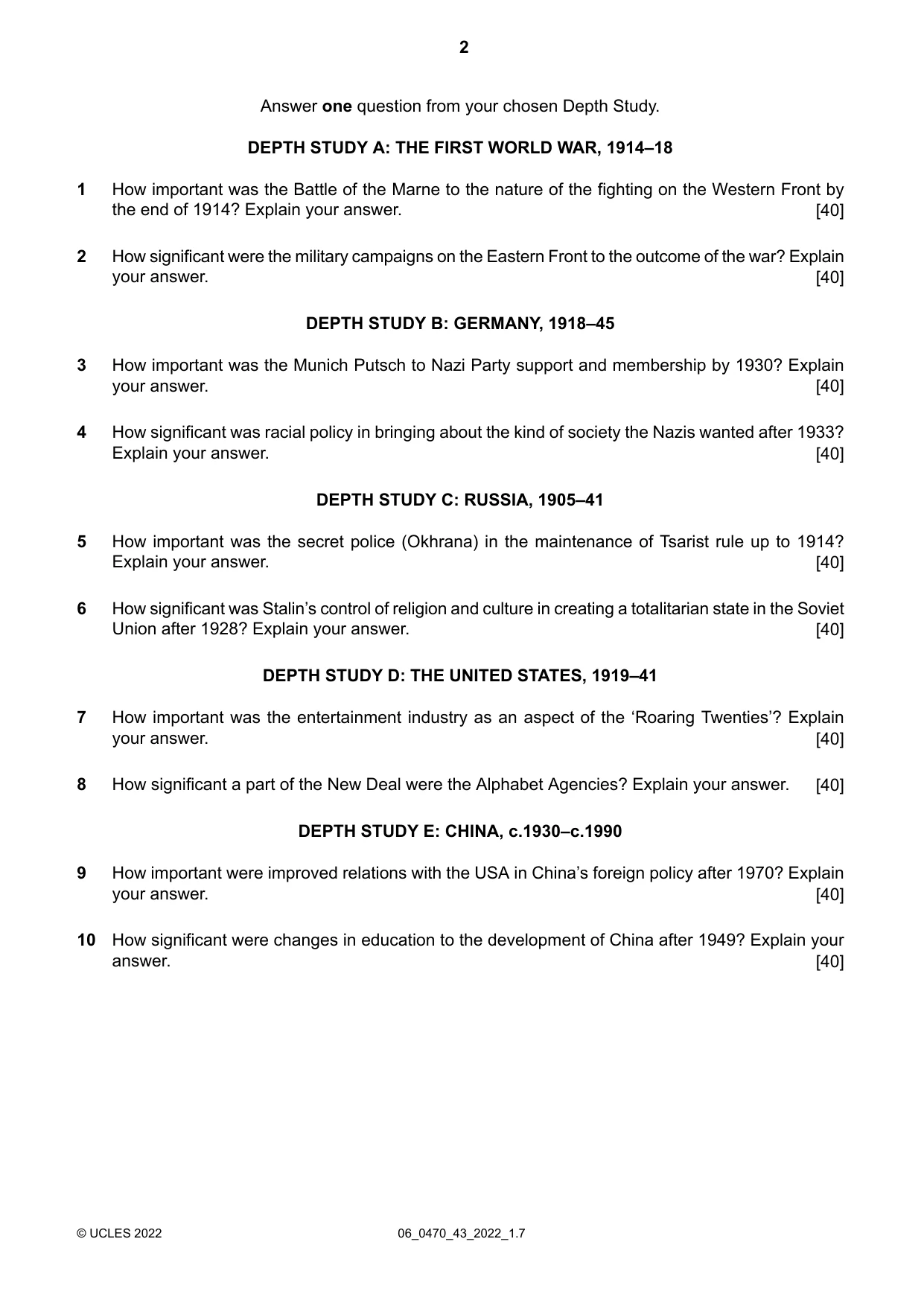 Cambridge IGCSE History 0470 2022 May/June Paper 4 · Variant 3 question paper, page 2 of 4