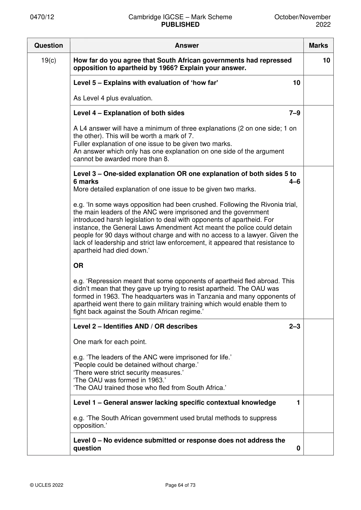 Mark scheme, page 64 of 73