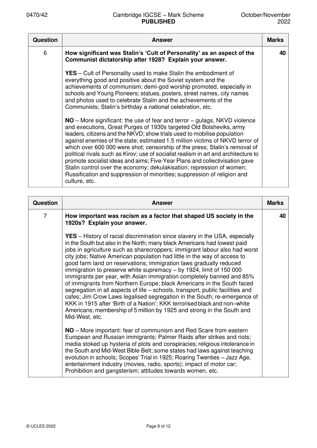 Mark scheme, page 8 of 12