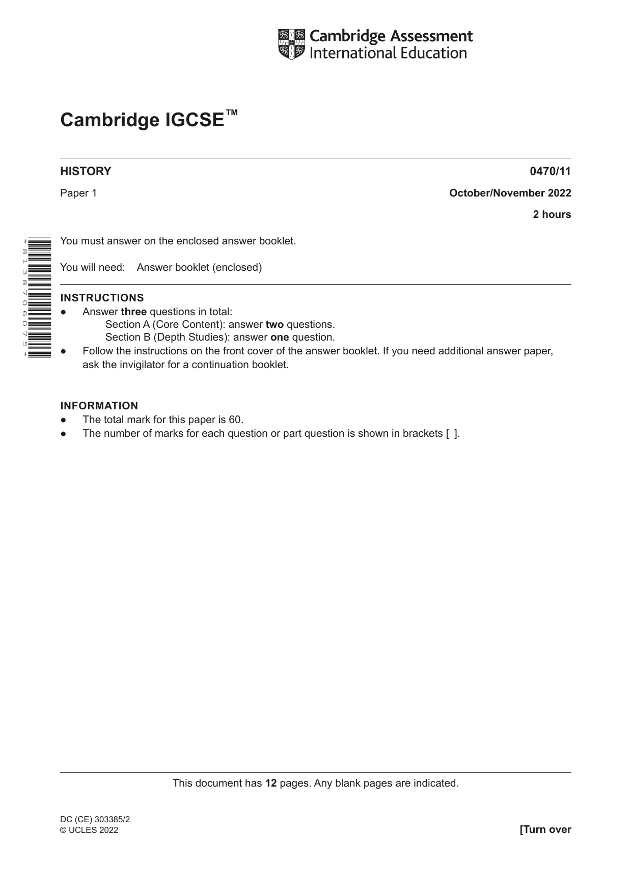 Cambridge IGCSE History 0470 2022 Oct/Nov Paper 1 · Variant 1 question paper, page 1 of 12