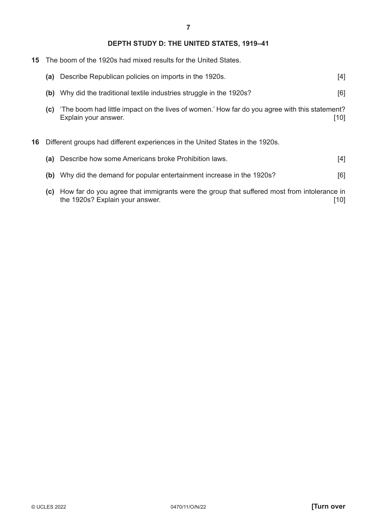 Cambridge IGCSE History 0470 2022 Oct/Nov Paper 1 · Variant 1 question paper, page 7 of 12