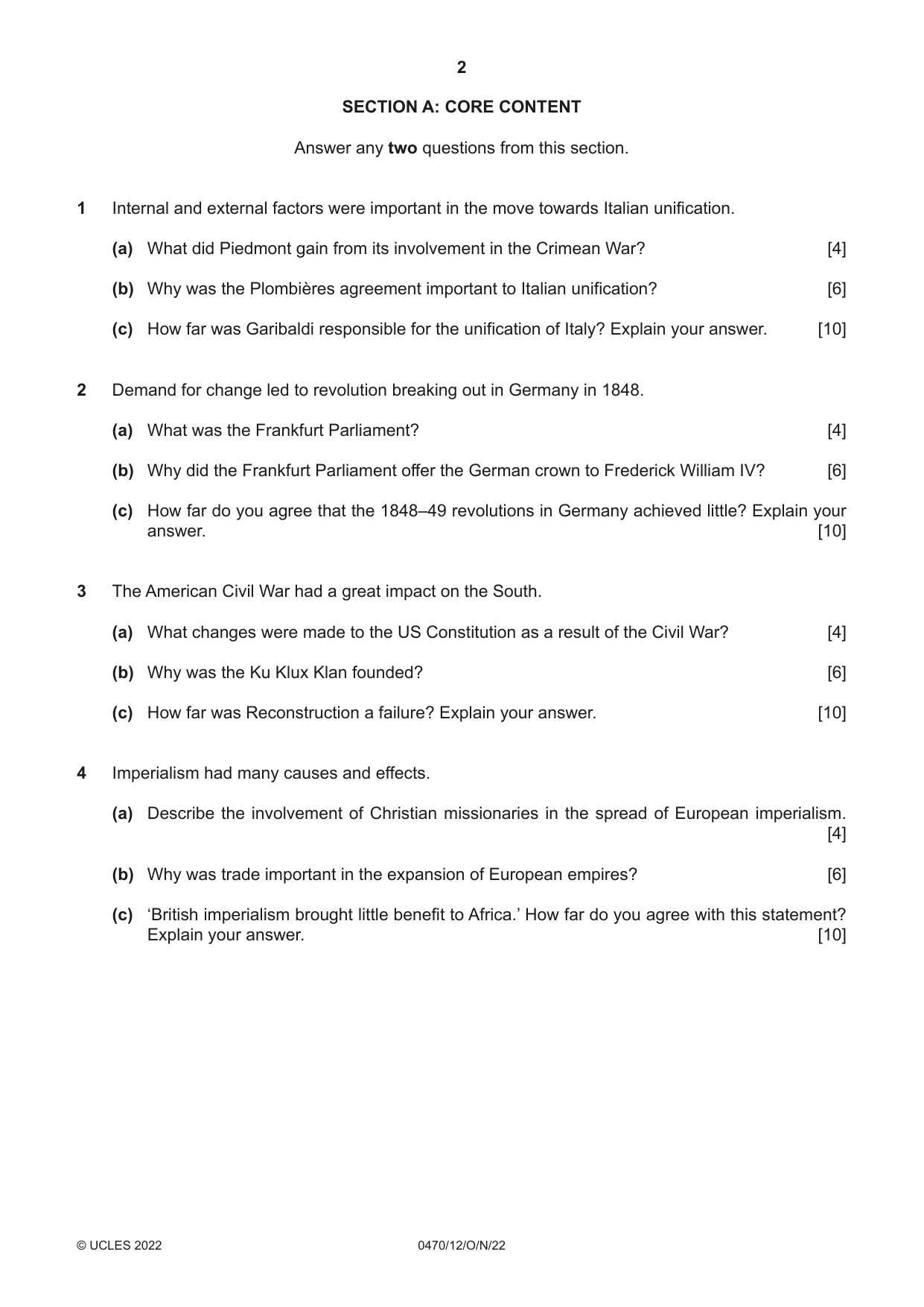 Cambridge IGCSE History 0470 2022 Oct/Nov Paper 1 · Variant 2 question paper, page 2 of 12