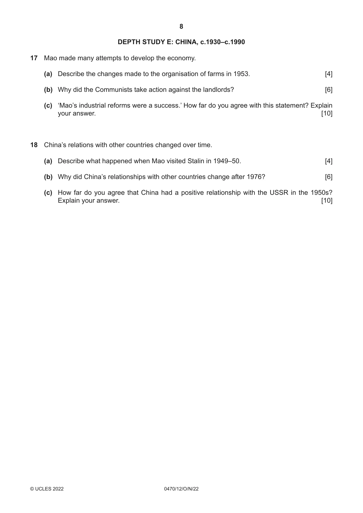 Cambridge IGCSE History 0470 2022 Oct/Nov Paper 1 · Variant 2 question paper, page 8 of 12