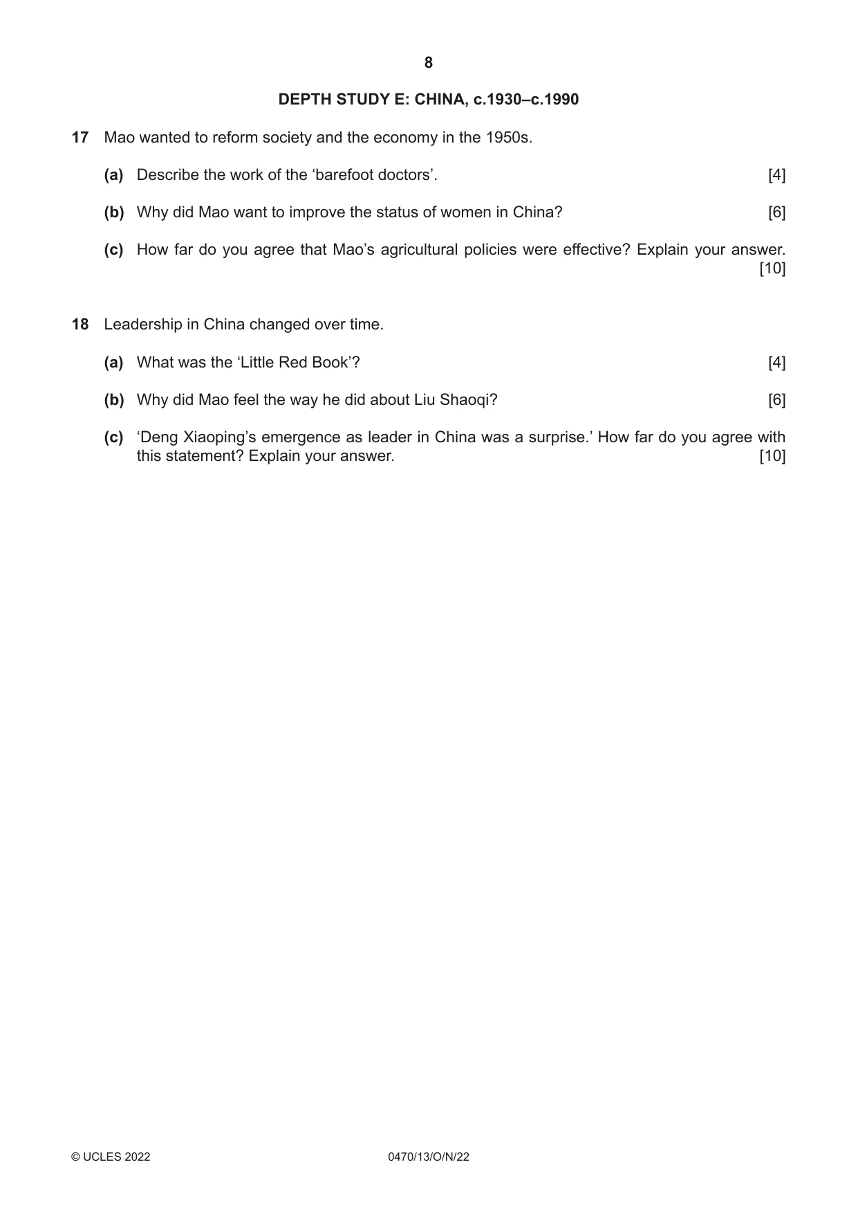Cambridge IGCSE History 0470 2022 Oct/Nov Paper 1 · Variant 3 question paper, page 8 of 12