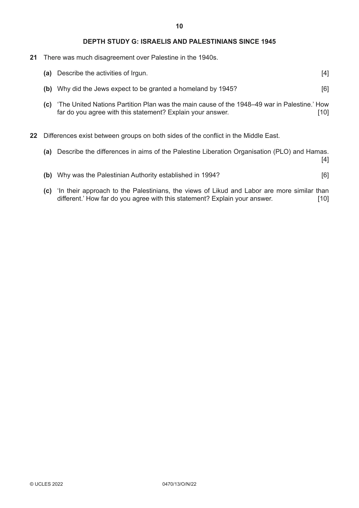 Cambridge IGCSE History 0470 2022 Oct/Nov Paper 1 · Variant 3 question paper, page 10 of 12