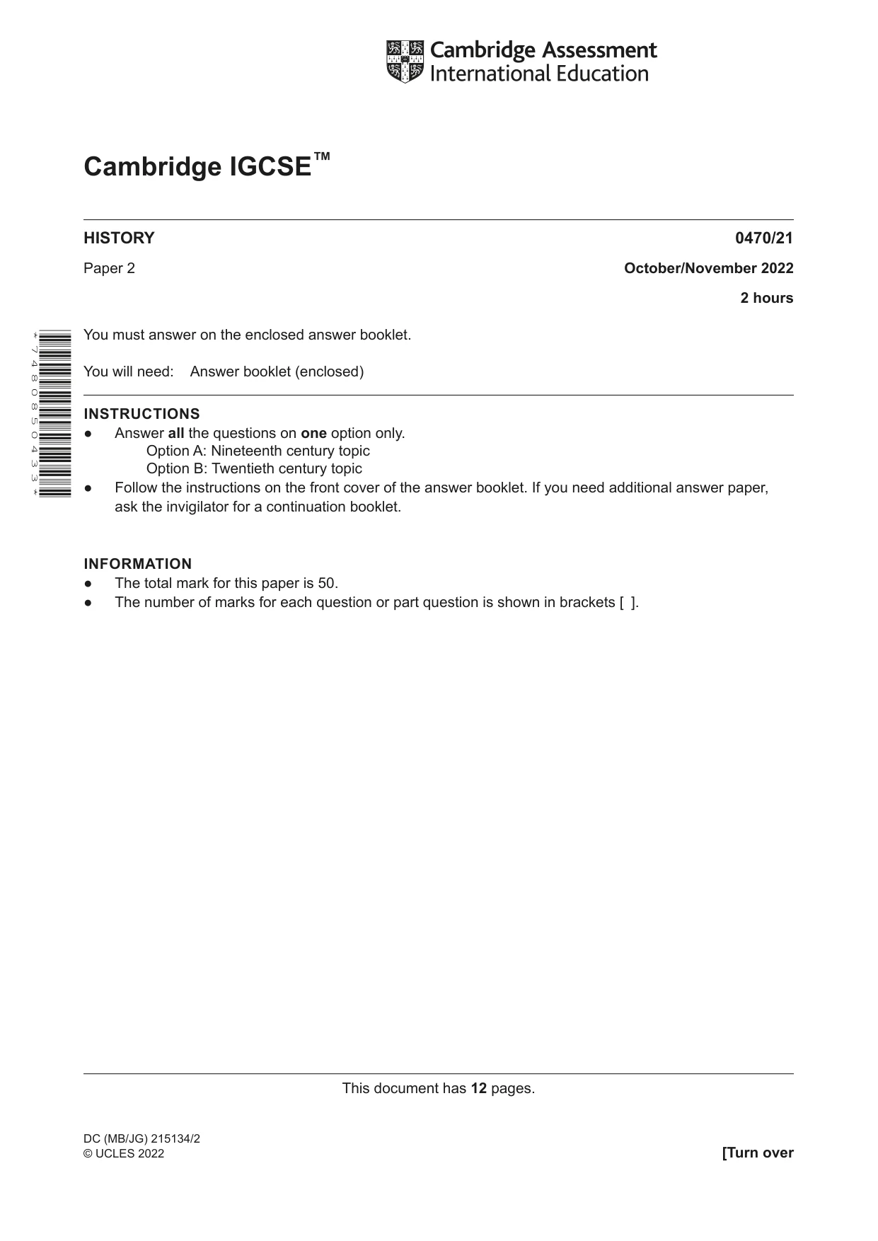 Cambridge IGCSE History 0470 2022 Oct/Nov Paper 2 · Variant 1 question paper, page 1 of 12