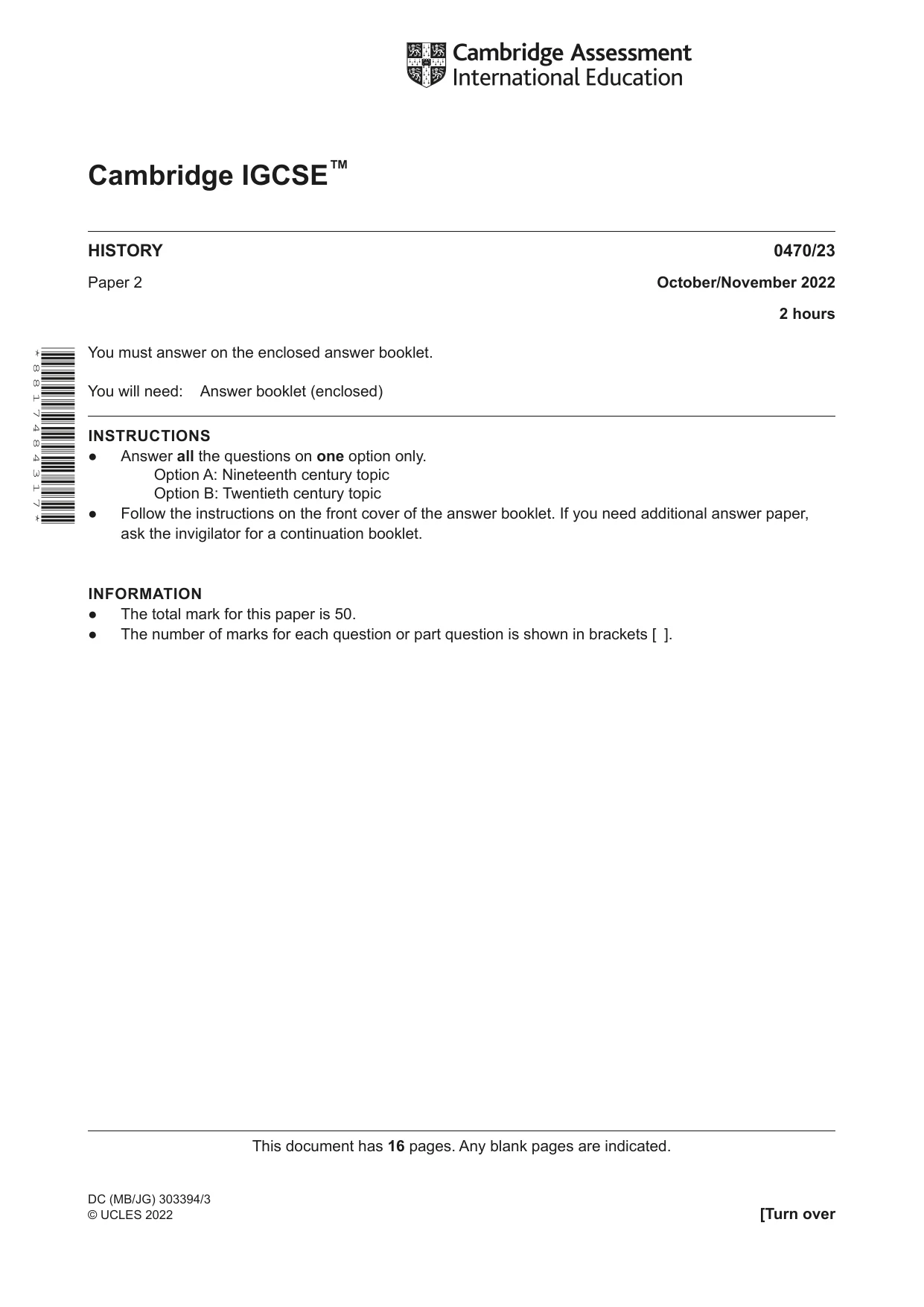 Cambridge IGCSE History 0470 2022 Oct/Nov Paper 2 · Variant 3 question paper, page 1 of 16