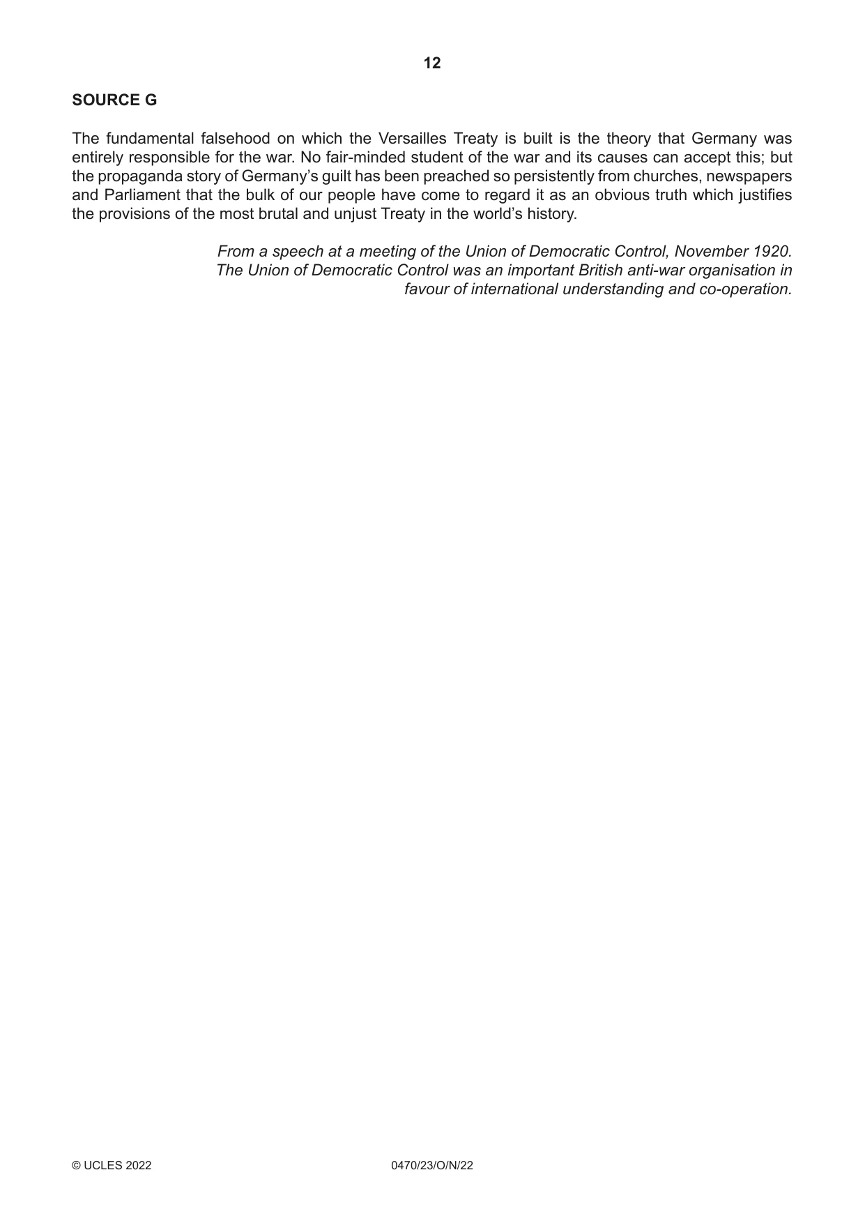 Cambridge IGCSE History 0470 2022 Oct/Nov Paper 2 · Variant 3 question paper, page 12 of 16