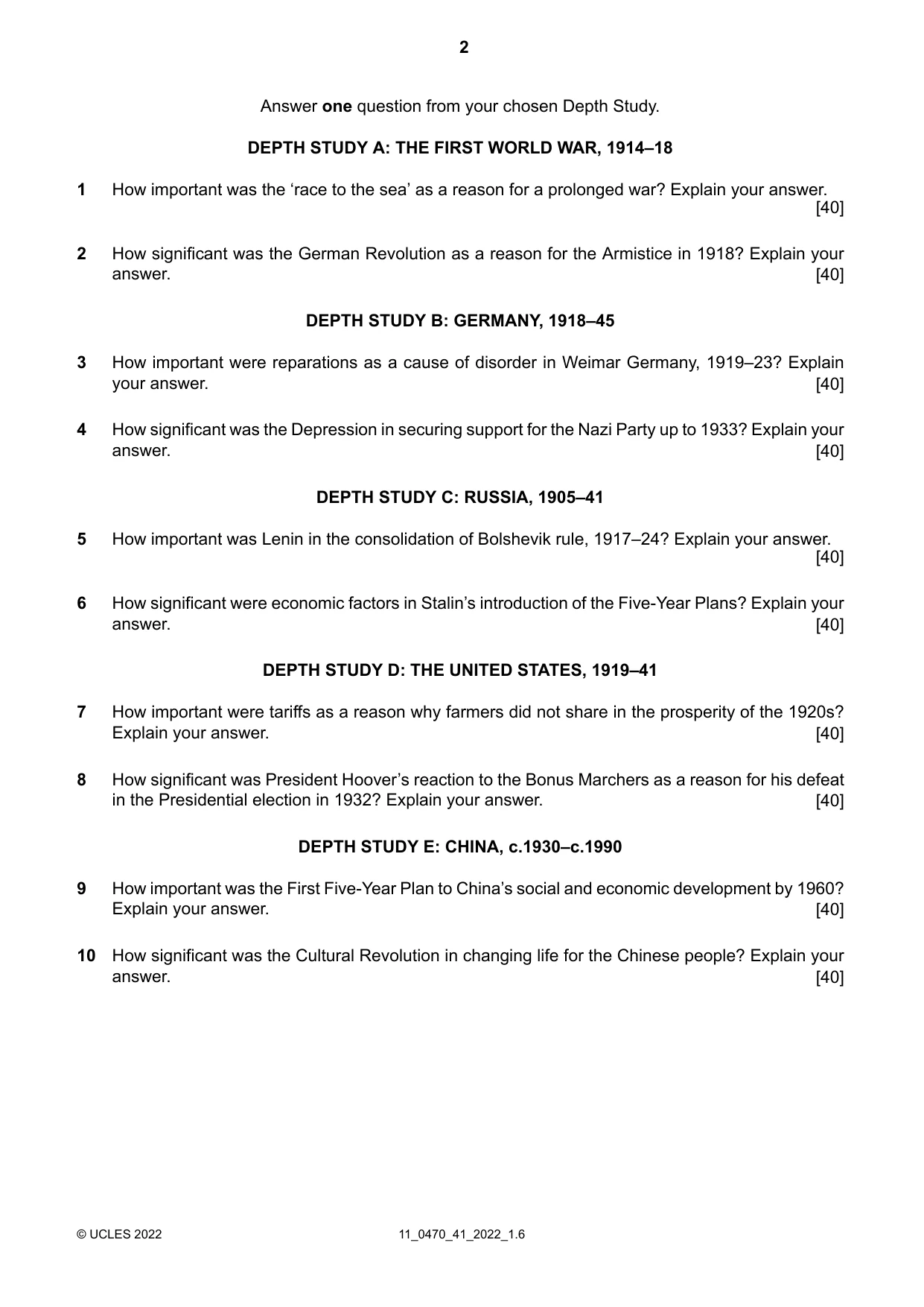 Cambridge IGCSE History 0470 2022 Oct/Nov Paper 4 · Variant 1 question paper, page 2 of 4