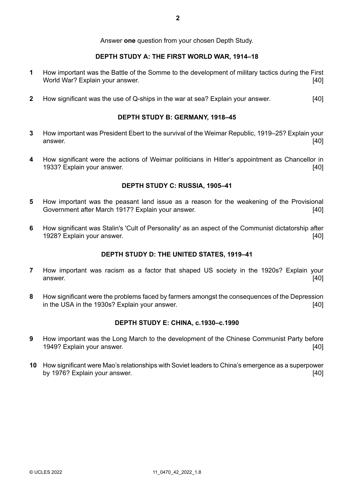 Cambridge IGCSE History 0470 2022 Oct/Nov Paper 4 · Variant 2 question paper, page 2 of 4