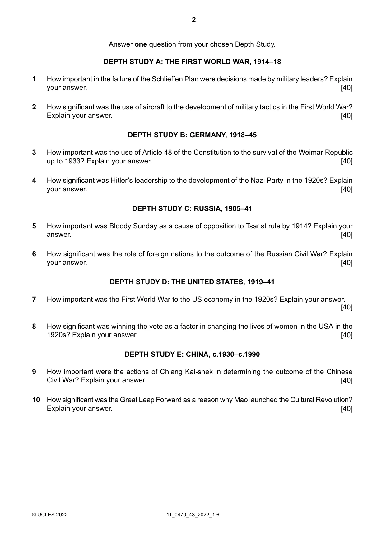 Cambridge IGCSE History 0470 2022 Oct/Nov Paper 4 · Variant 3 question paper, page 2 of 4