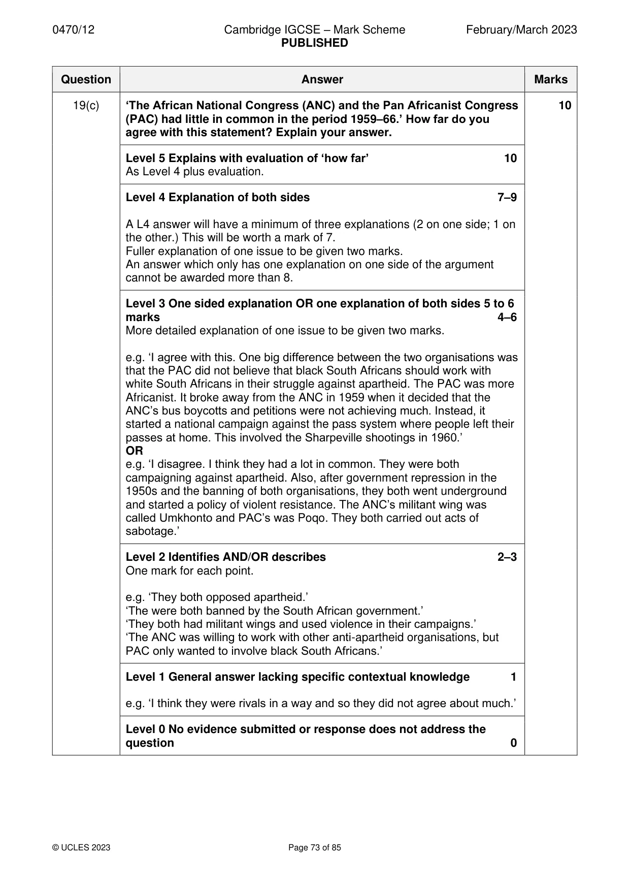 Mark scheme, page 73 of 85