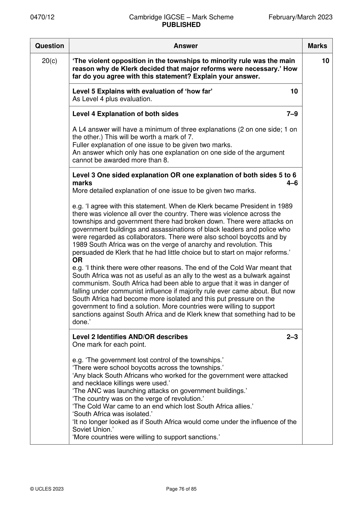 Mark scheme, page 76 of 85