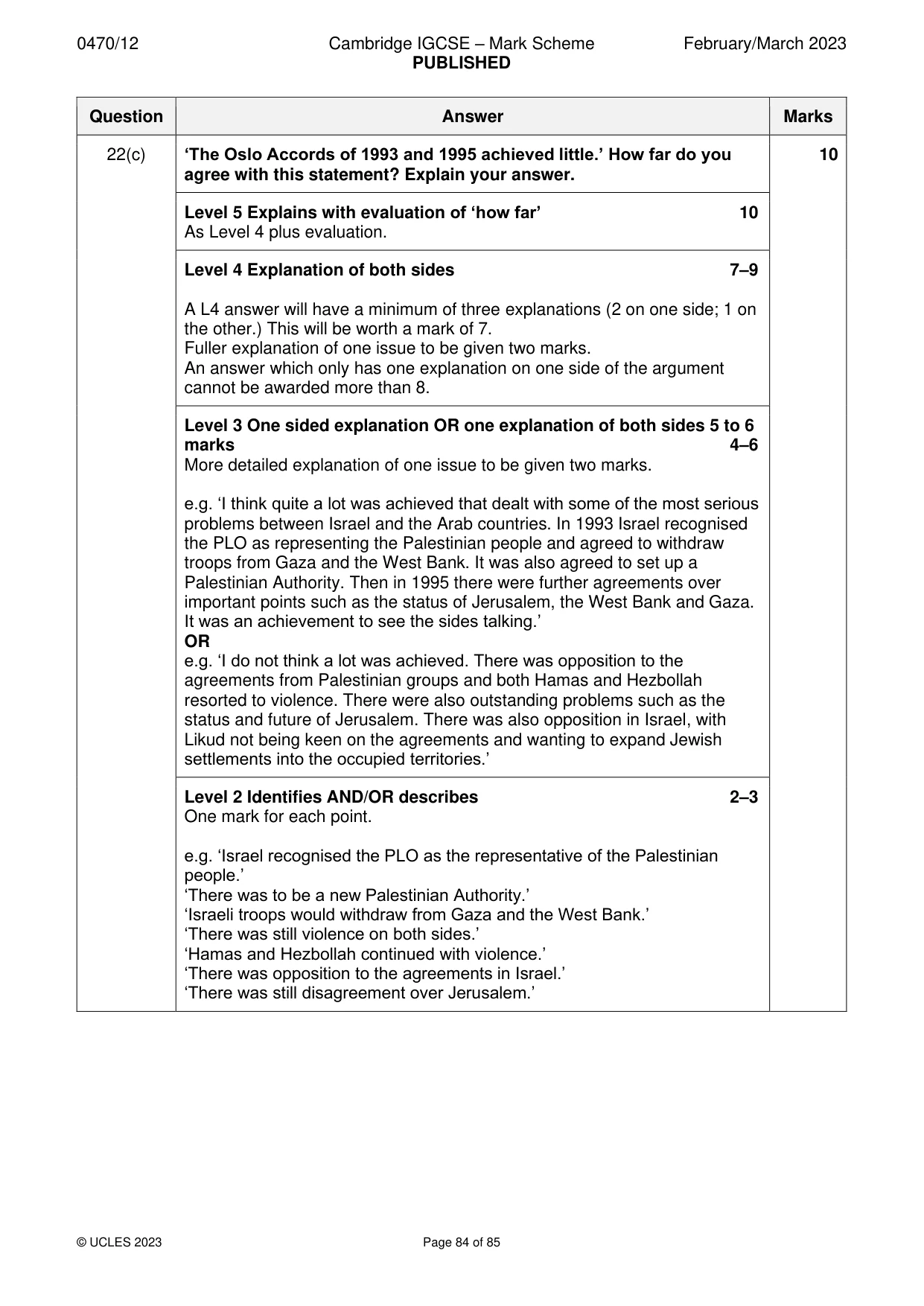 Mark scheme, page 84 of 85