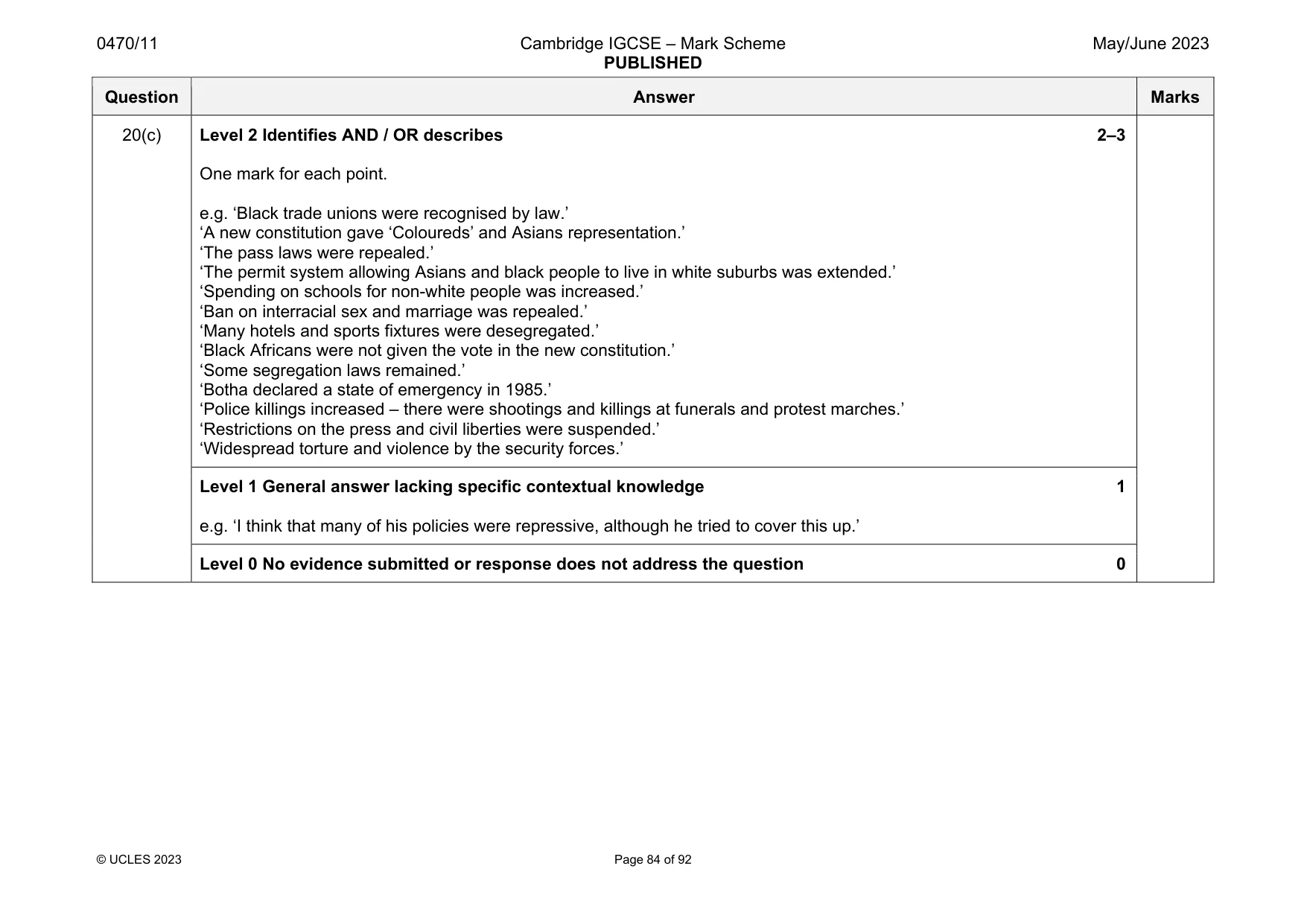 Mark scheme, page 84 of 92