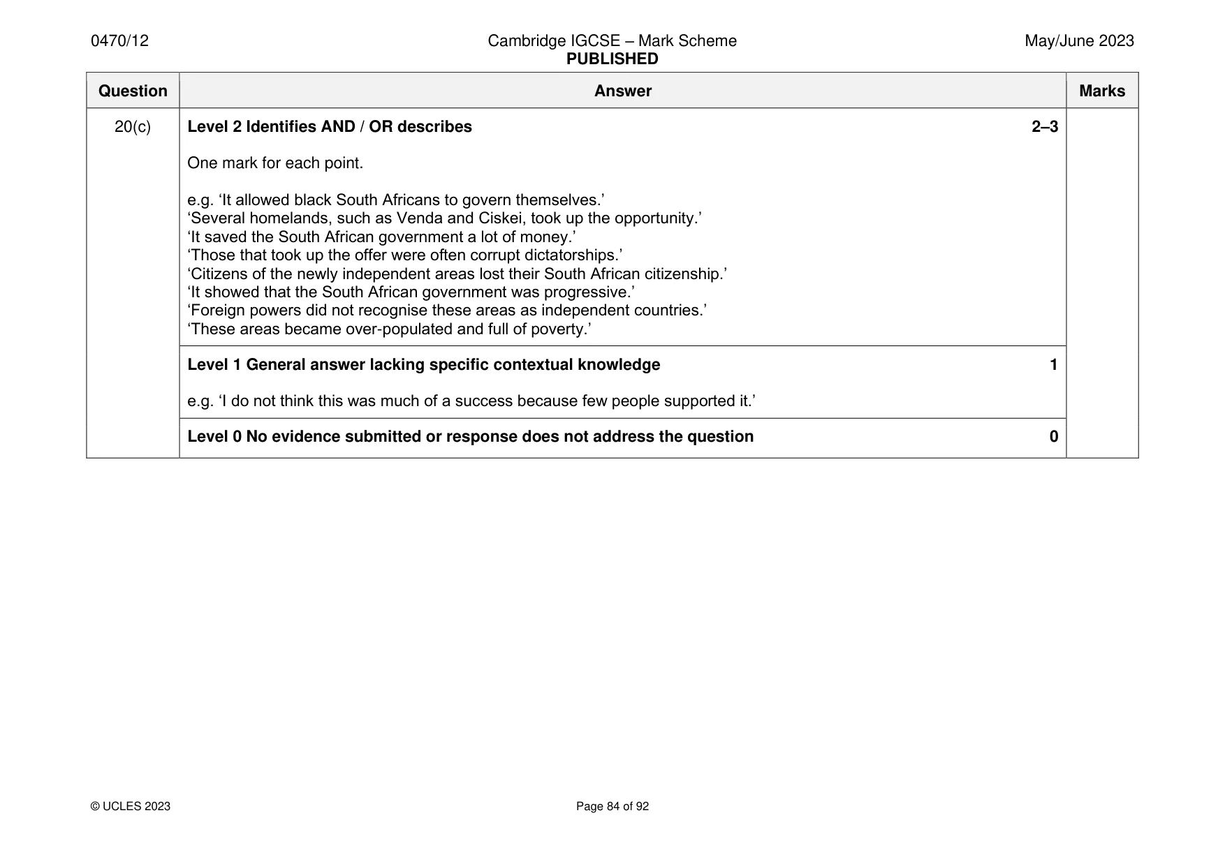 Mark scheme, page 84 of 92