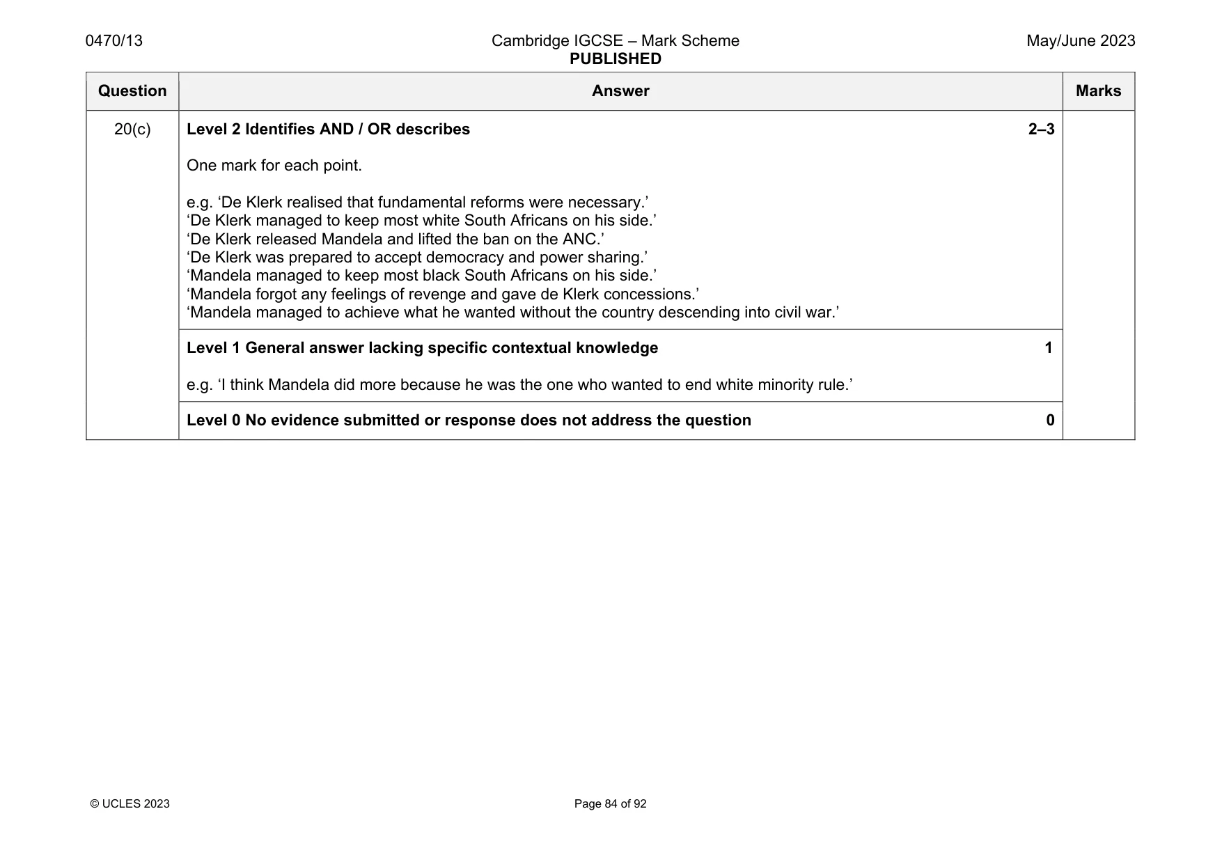 Mark scheme, page 84 of 92