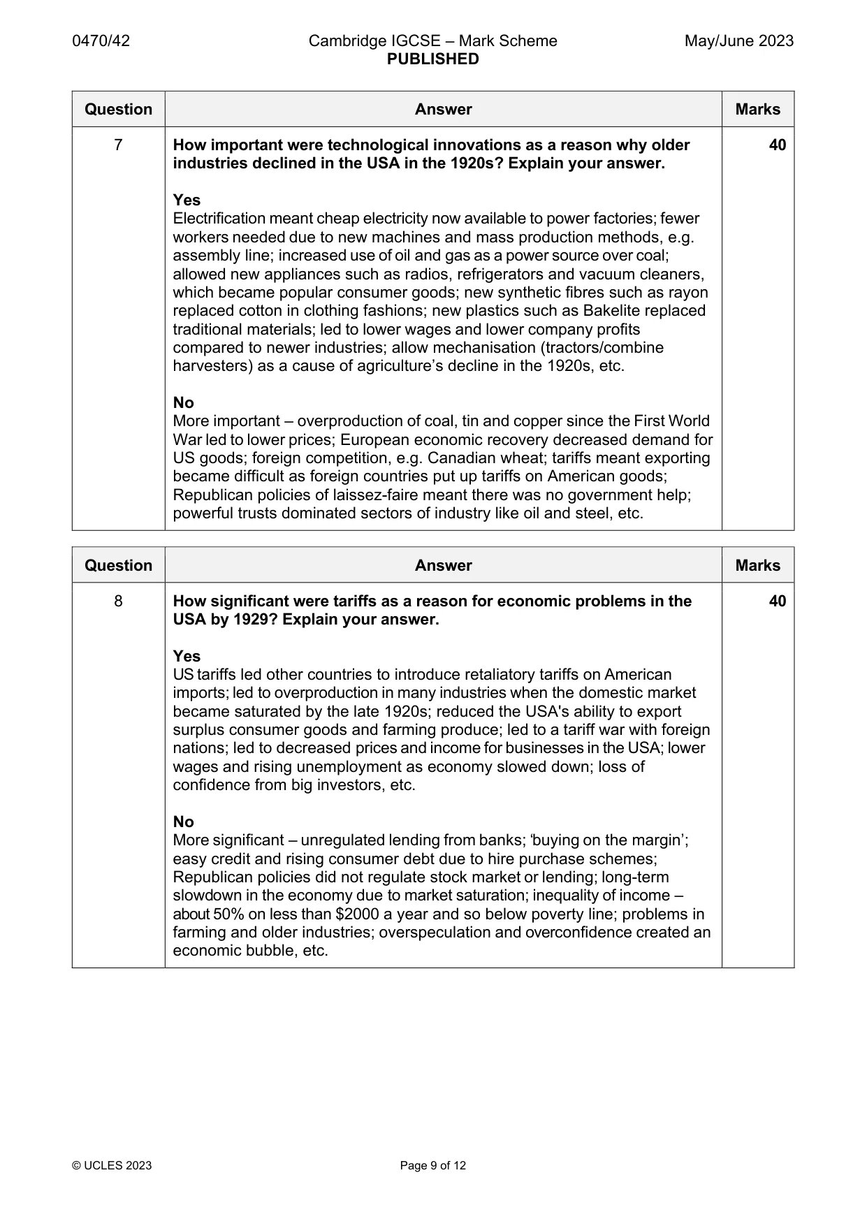 Mark scheme, page 9 of 12