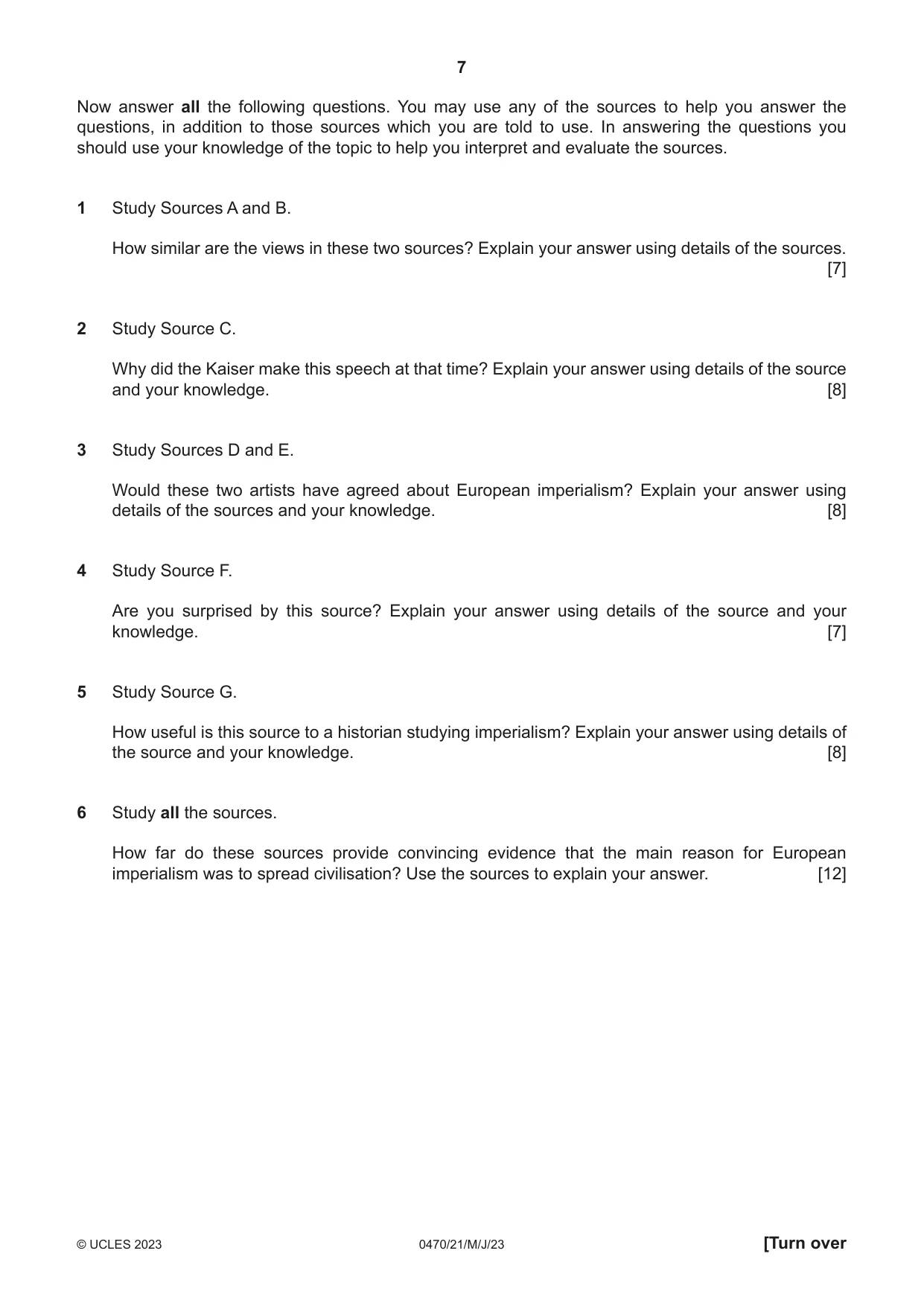 Cambridge IGCSE History 0470 2023 May/June Paper 2 · Variant 1 question paper, page 7 of 16