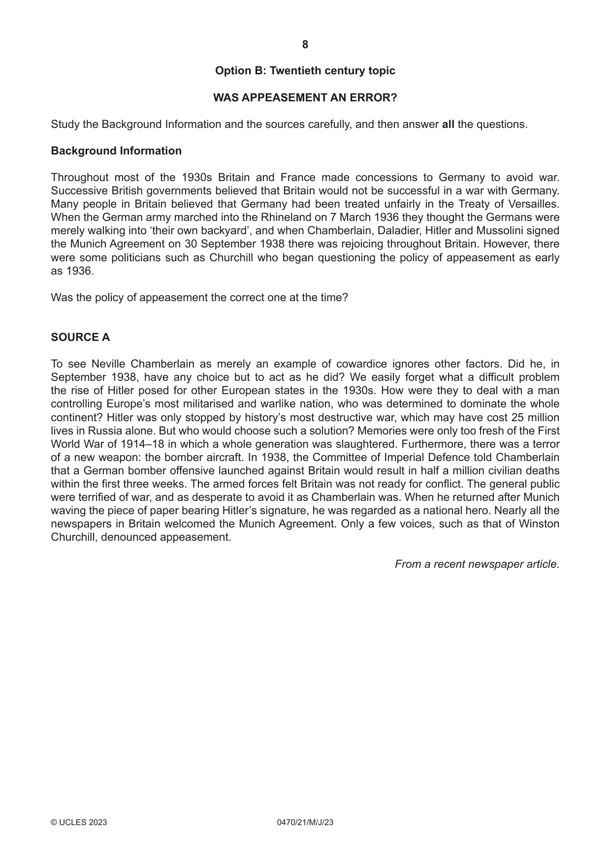 Cambridge IGCSE History 0470 2023 May/June Paper 2 · Variant 1 question paper, page 8 of 16