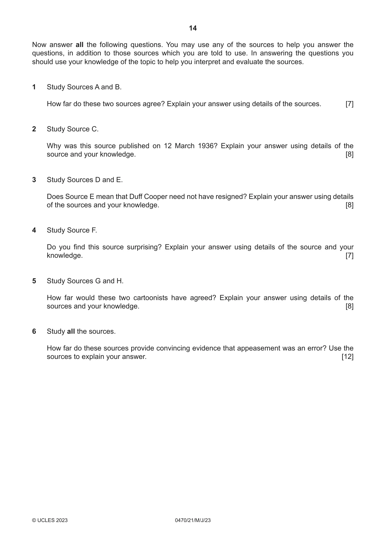 Cambridge IGCSE History 0470 2023 May/June Paper 2 · Variant 1 question paper, page 14 of 16