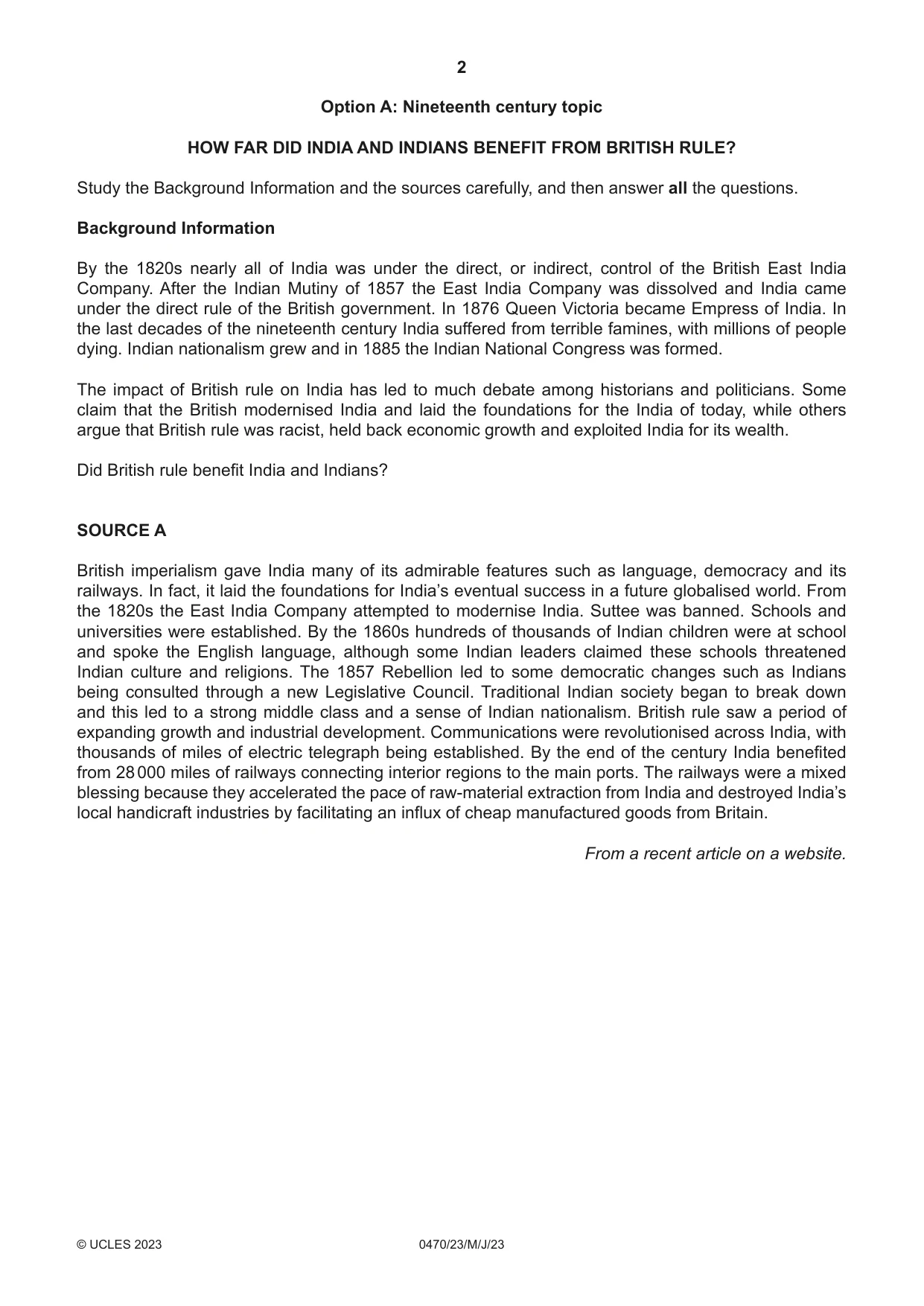 Cambridge IGCSE History 0470 2023 May/June Paper 2 · Variant 3 question paper, page 2 of 16