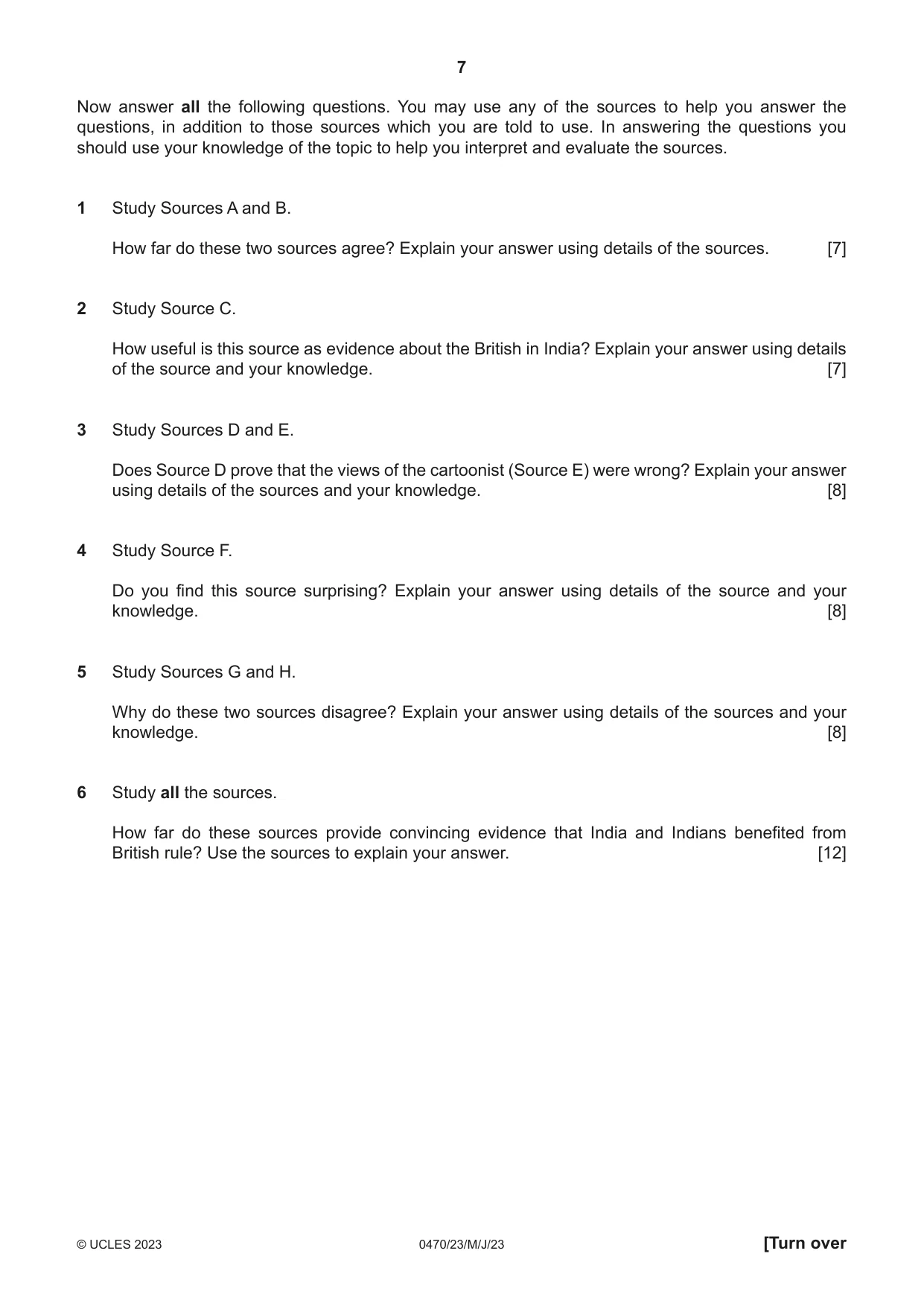 Cambridge IGCSE History 0470 2023 May/June Paper 2 · Variant 3 question paper, page 7 of 16