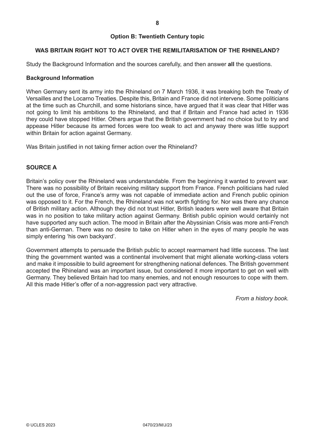 Cambridge IGCSE History 0470 2023 May/June Paper 2 · Variant 3 question paper, page 8 of 16